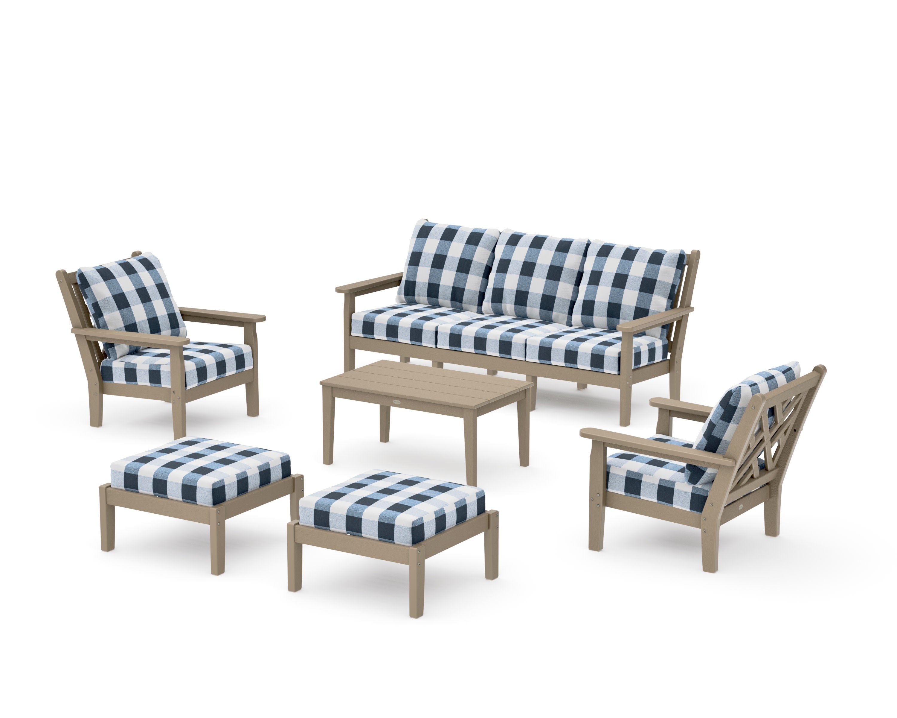 Chippendale 6-Piece Lounge Sofa Set in Vintage Sahara / Buffalo Plaid Marine Indigo