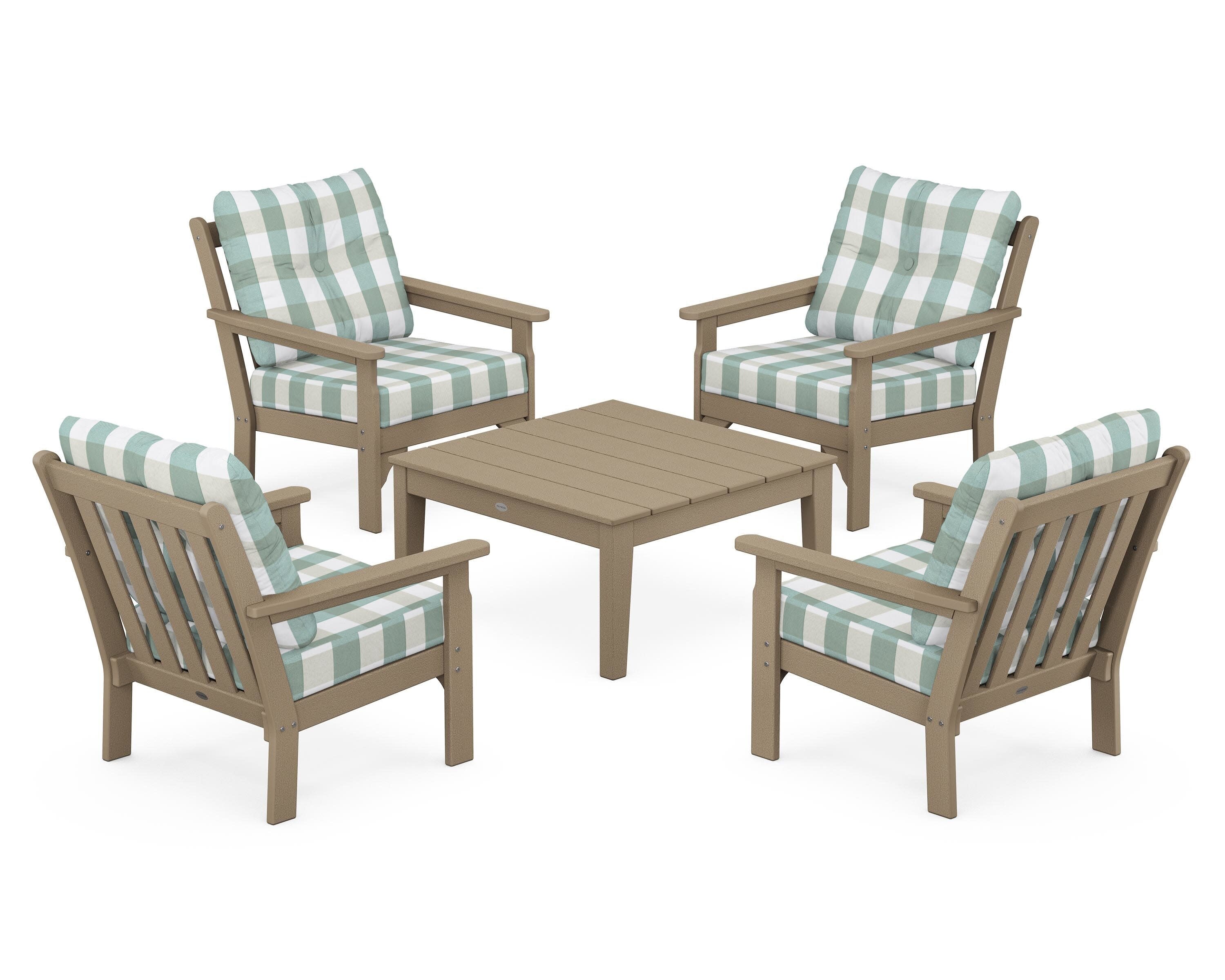 Vineyard 5-Piece Deep Seating Conversation Set in Vintage Sahara / Buffalo Plaid Glacier Spa