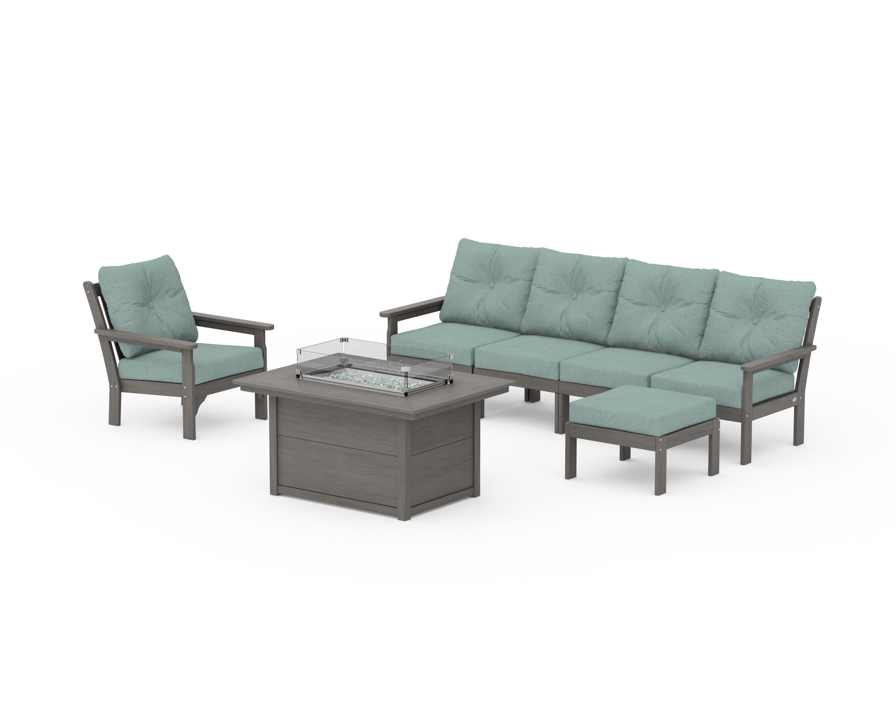 Vineyard Sectional Lounge and Fire Pit Set in Driftwood / Glacier Spa