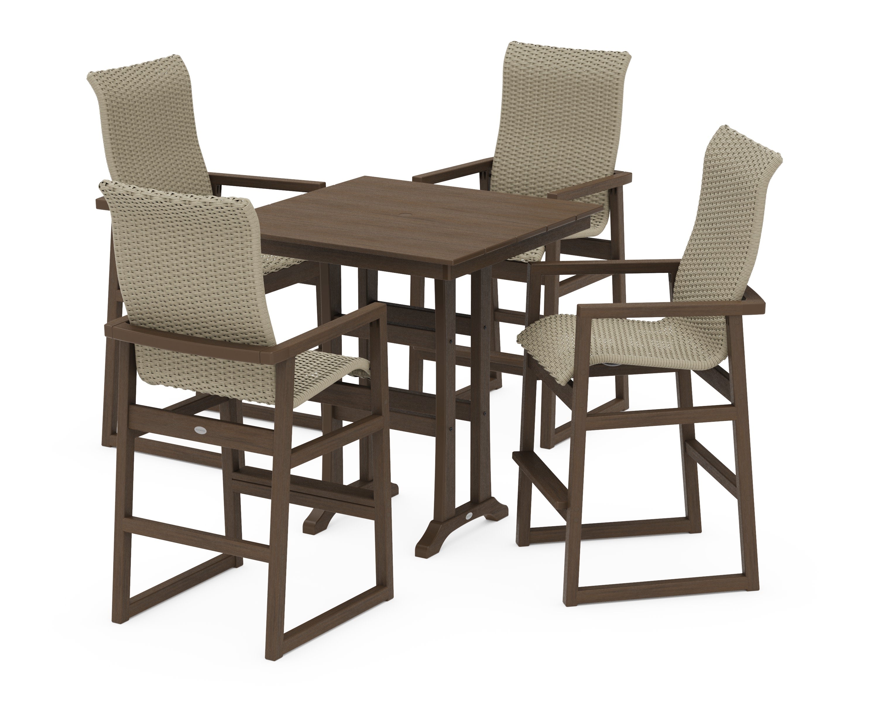 EDGE Woven Highback 5-Piece Farmhouse Bar Set with Trestle Legs in Kona / Dune Grass