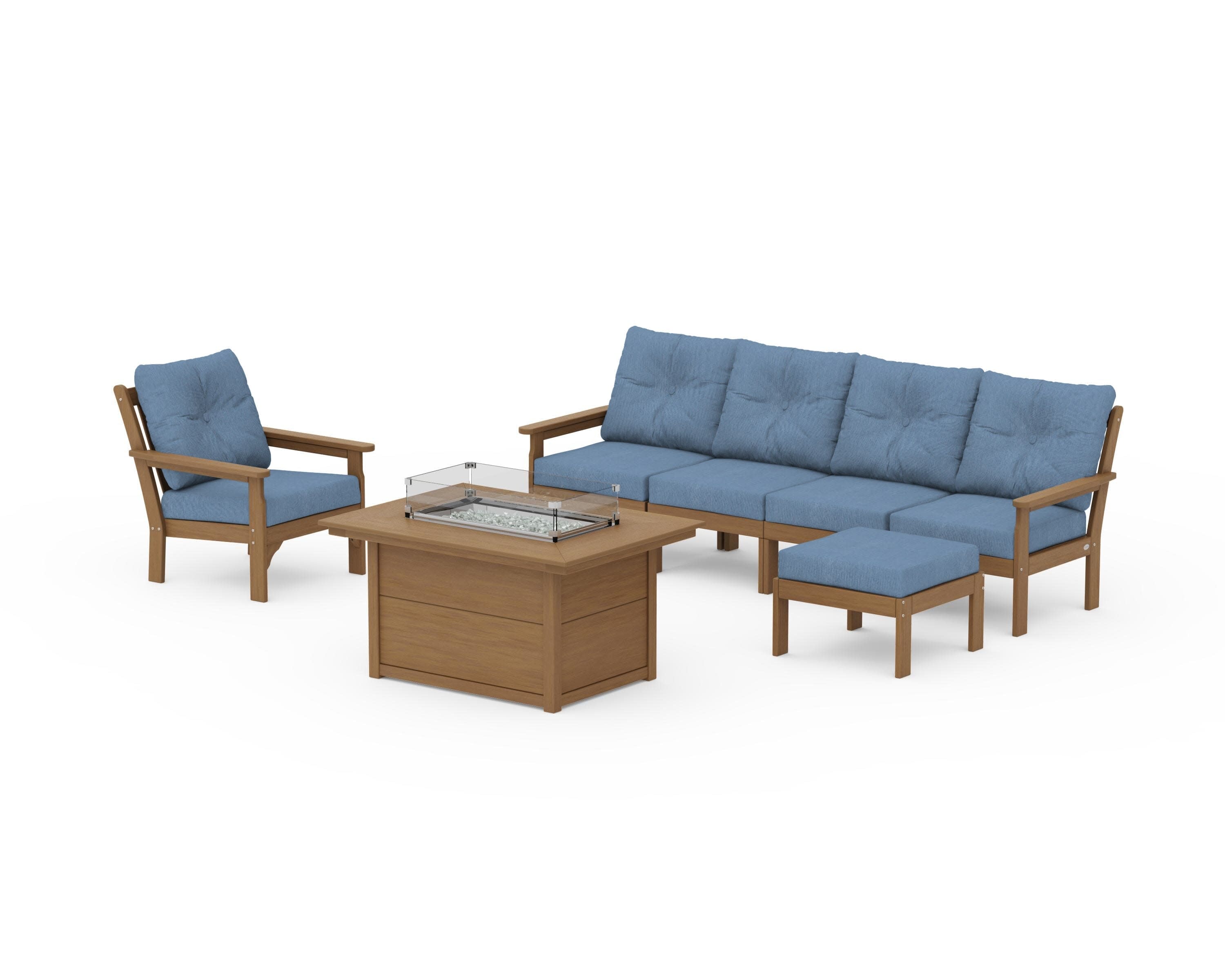 Vineyard Sectional Lounge and Fire Pit Set in Natural / Sky Blue