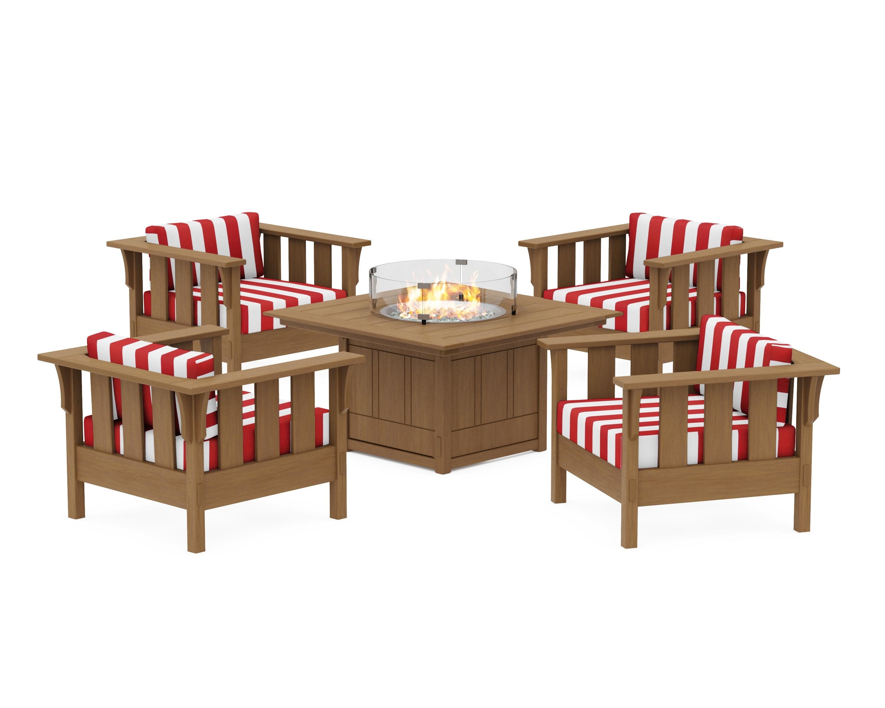 Acadia 5-Piece Deep Seating Set with Fire Pit Table in Natural / Cabana Stripe Crimson