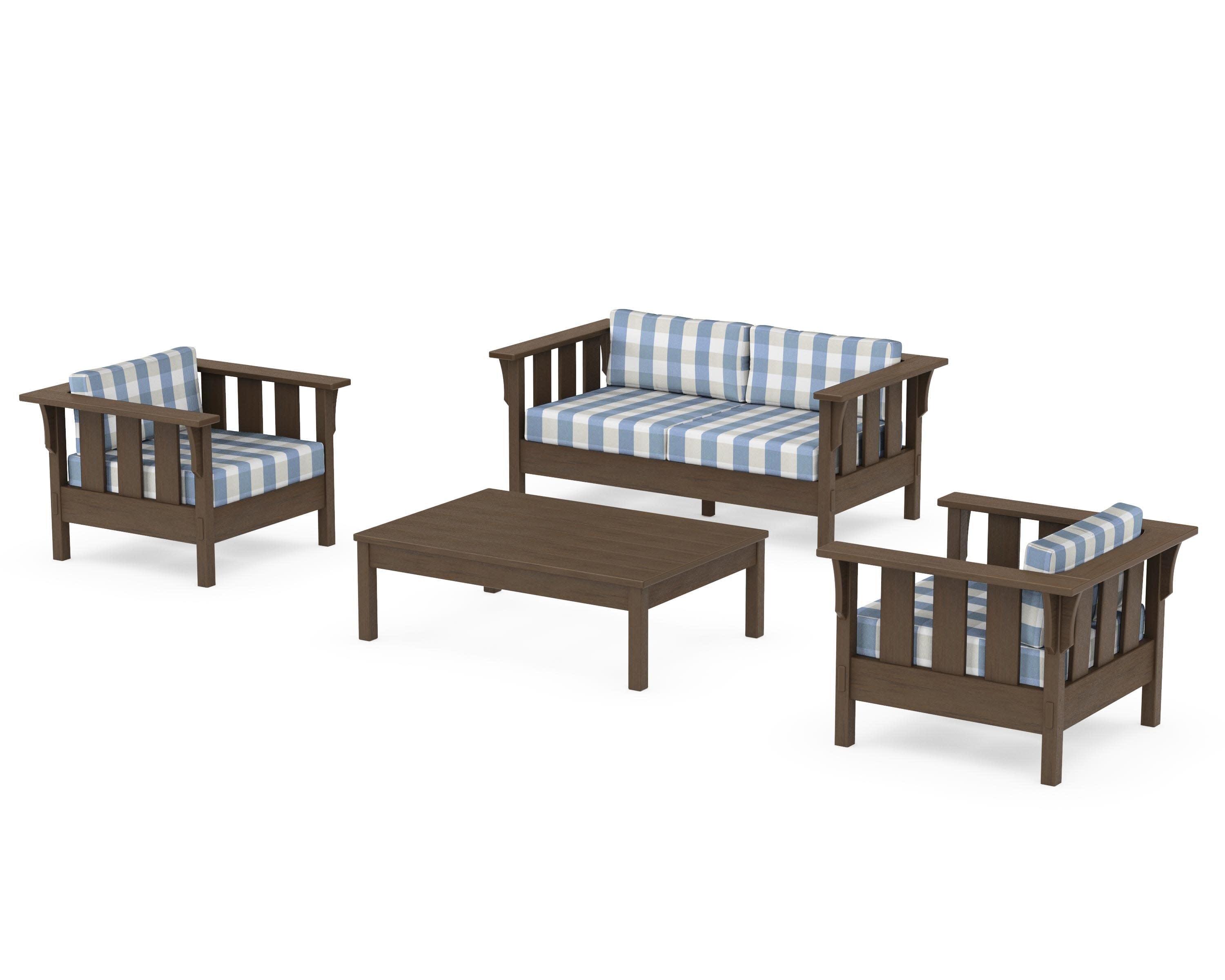 Acadia 4-Piece Deep Seating Set with Loveseat in Kona / Buffalo Plaid Sky Blue
