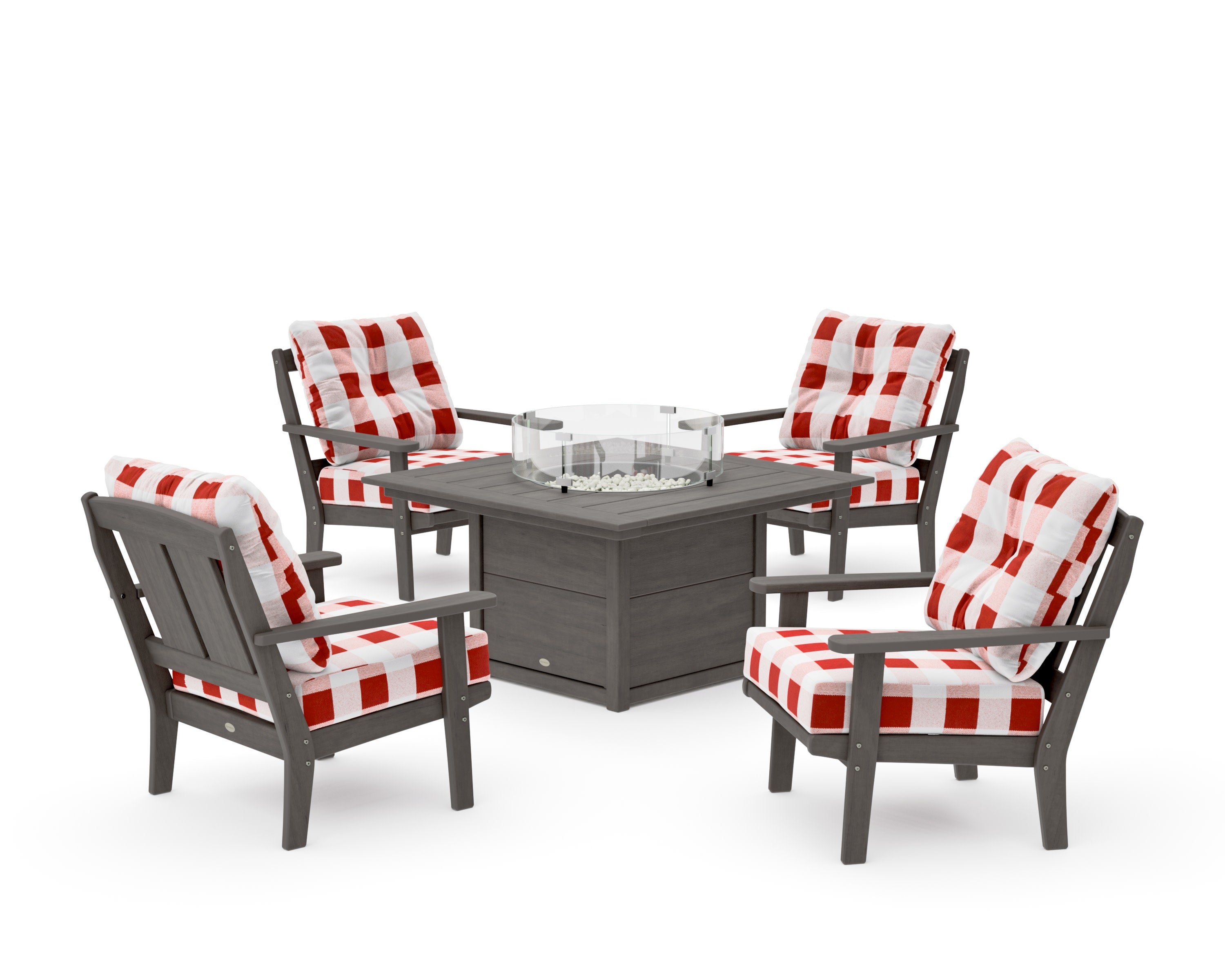 Mission 5-Piece Deep Seating Set with Fire Pit Table in Driftwood / Buffalo Plaid Crimson
