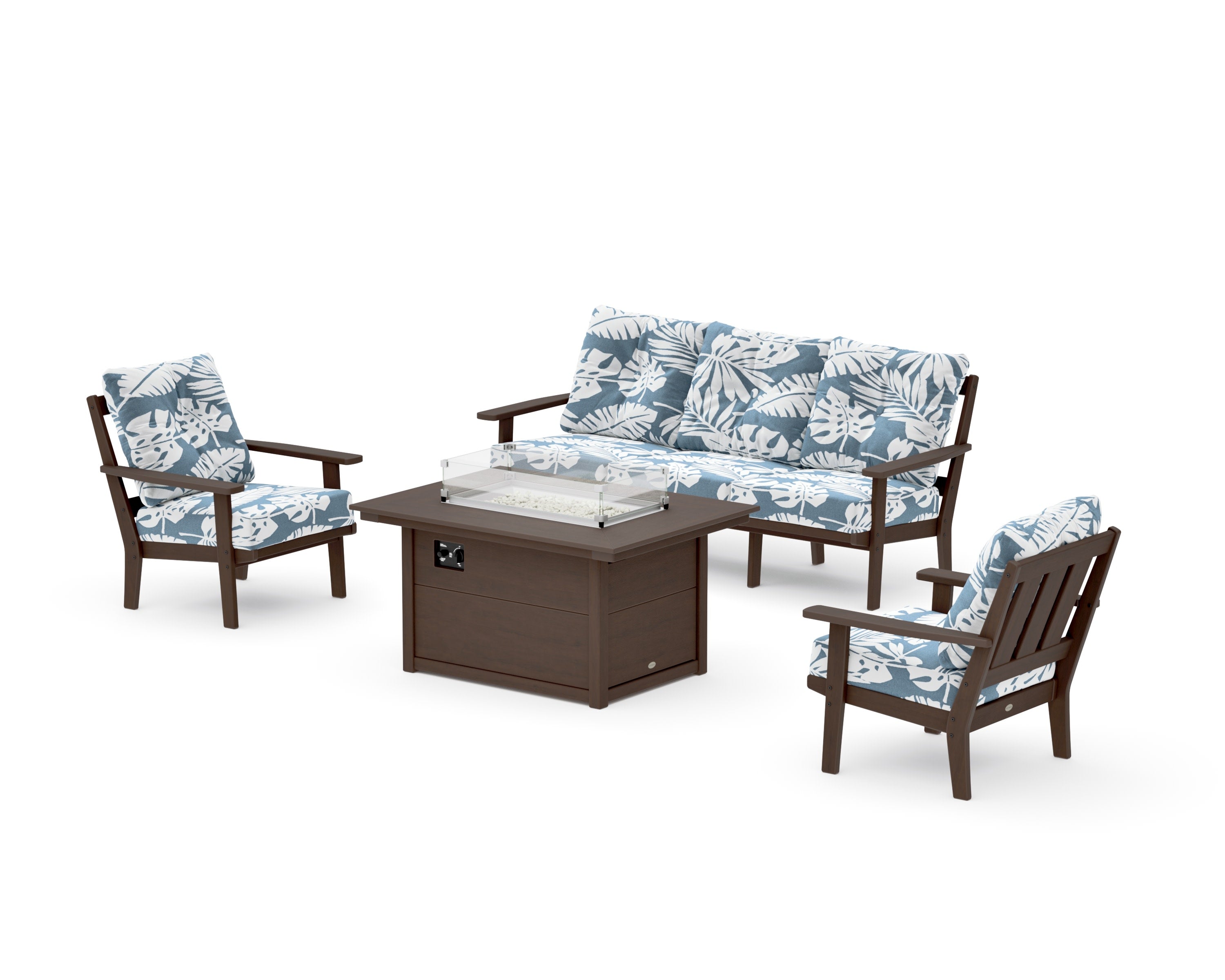 Oxford Deep Seating Fire Pit Table Set in Kona / Leaf Sky Blue