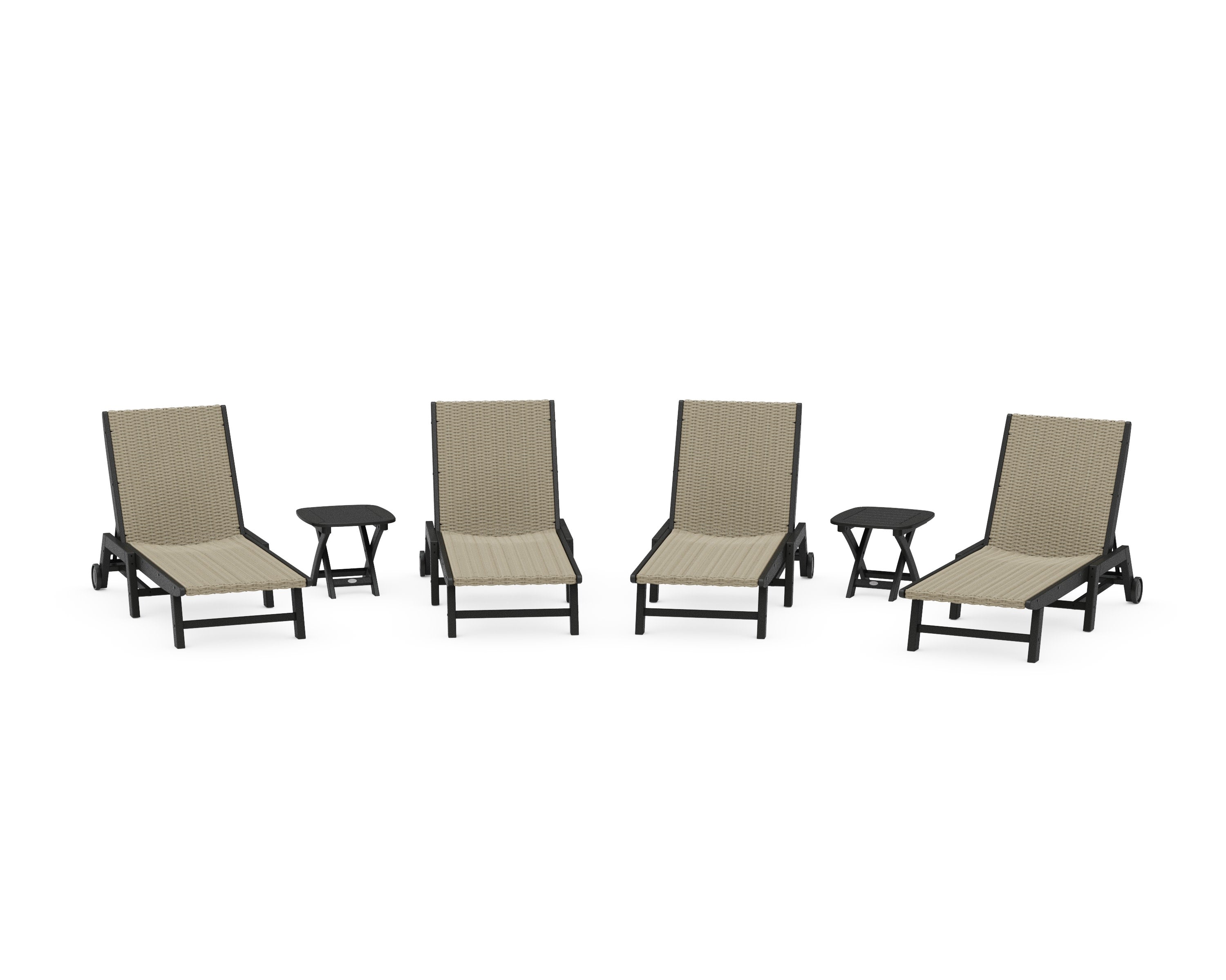 6- Piece Coastal Woven Chaise with Wheels Chaise Lounge Set in Black / Dune Grass