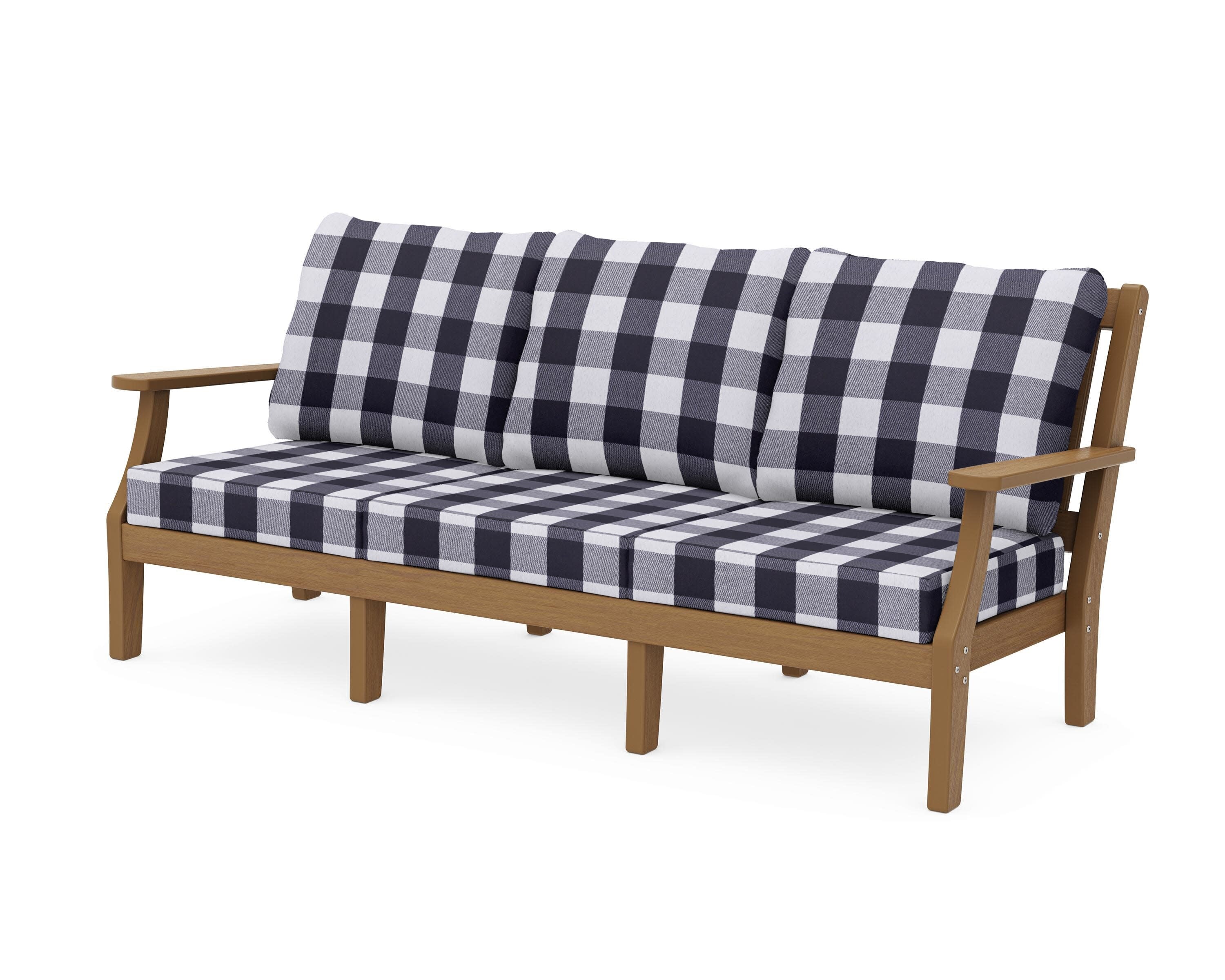 Chinoiserie Deep Seating Sofa in Natural / Buffalo Plaid Navy