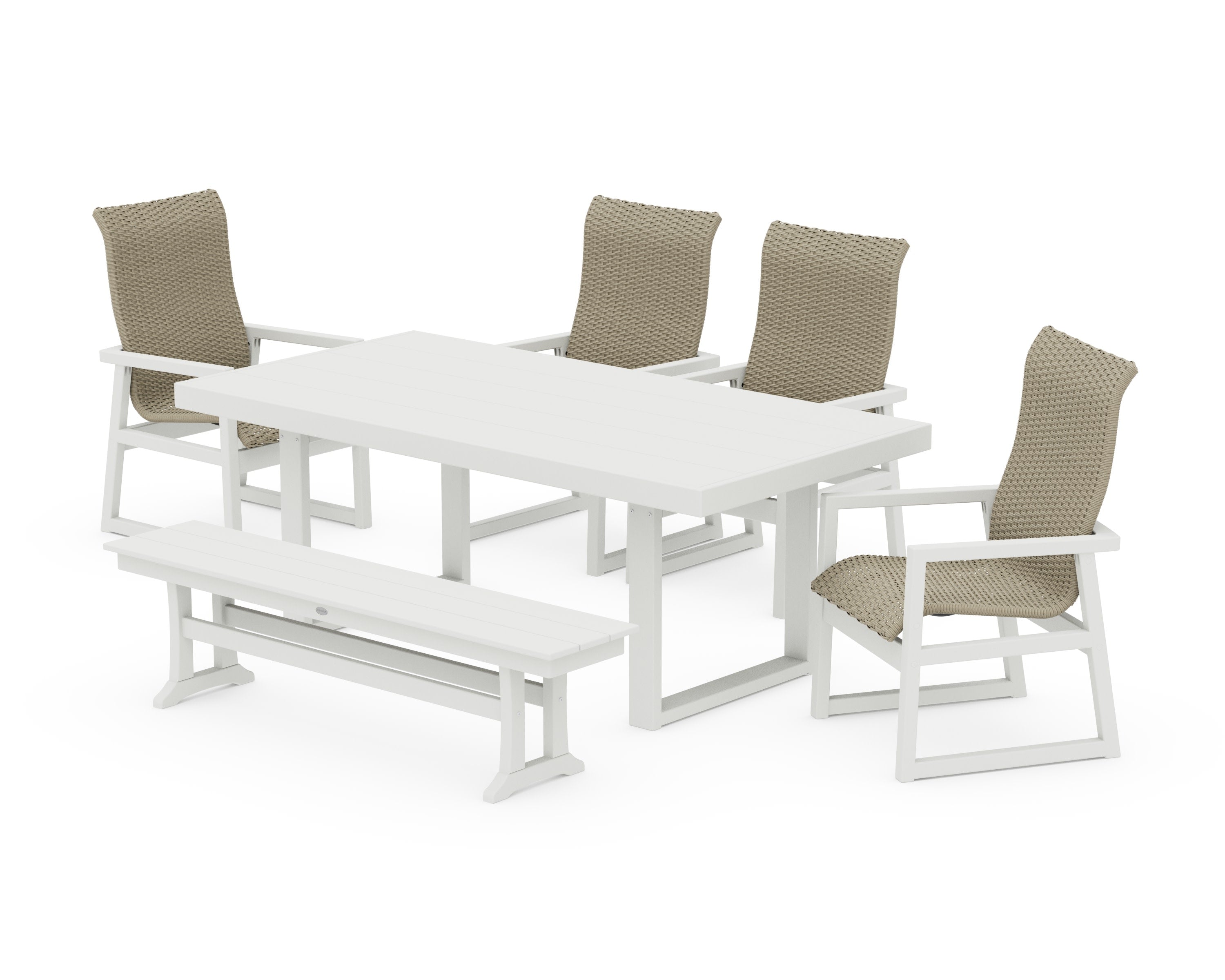 EDGE Woven Highback 6-Piece Dining Set with Bench in Vintage White / Dune Grass