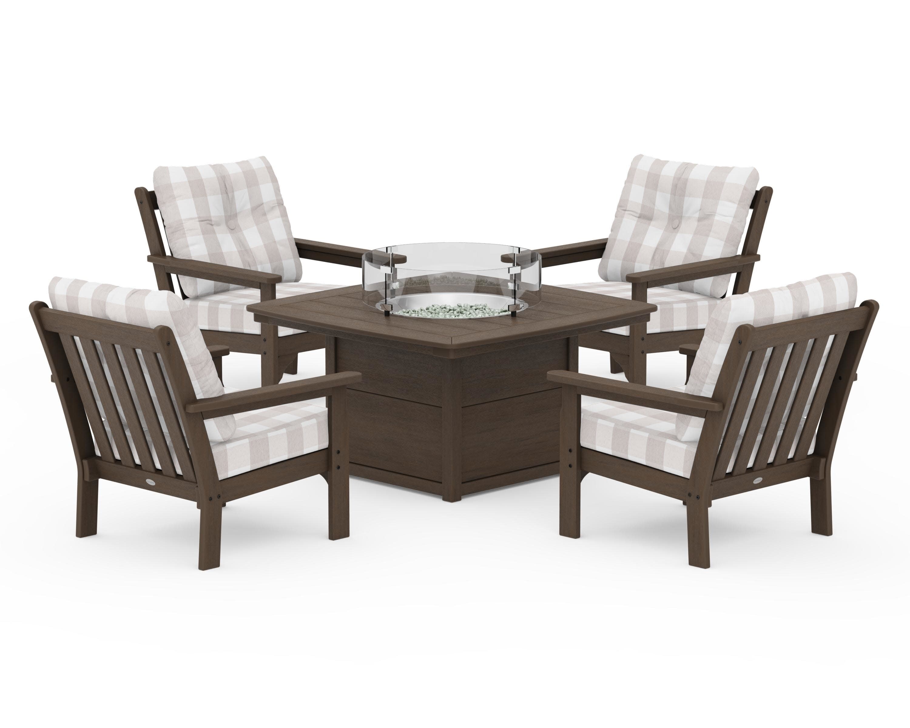Vineyard 5-Piece Conversation Set with Fire Pit Table in Kona / Buffalo Plaid Dune Burlap