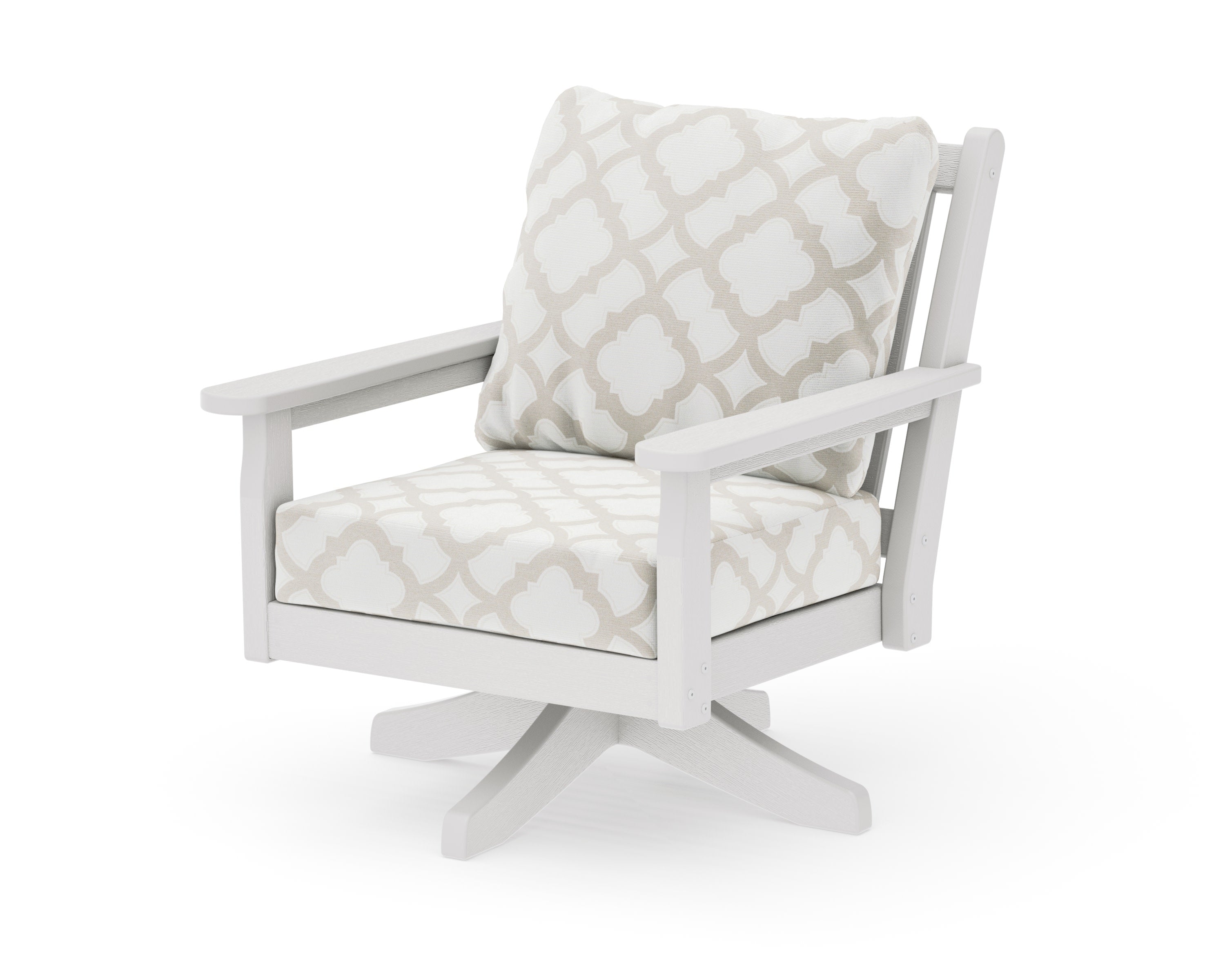 Chippendale Deep Seating Swivel Chair in Vintage White / Trellis Dune Burlap