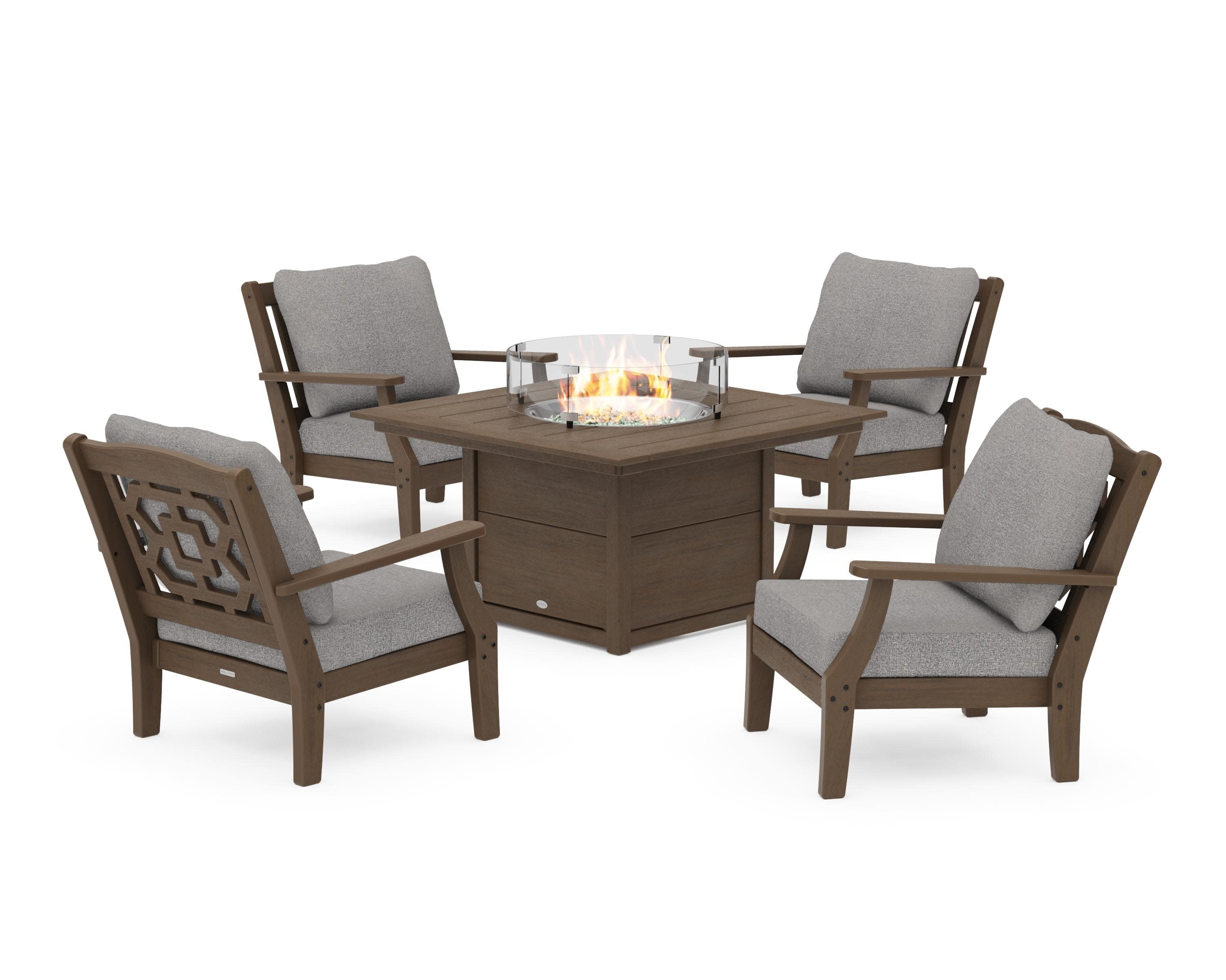 Chinoiserie 5-Piece Deep Seating Set with Fire Pit Table in Kona / Grey Mist