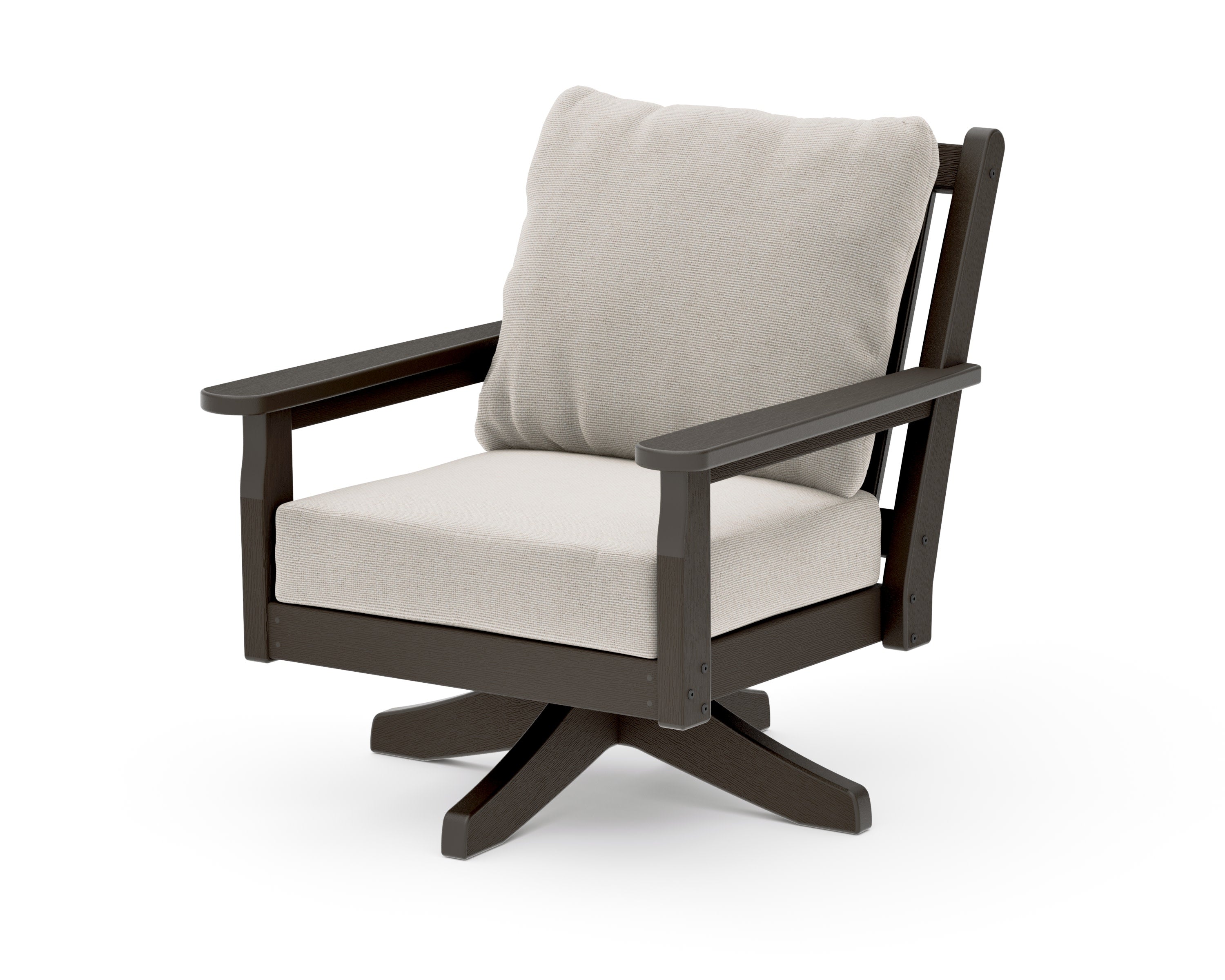 Chippendale Deep Seating Swivel Chair in Vintage Coffee / Dune Burlap