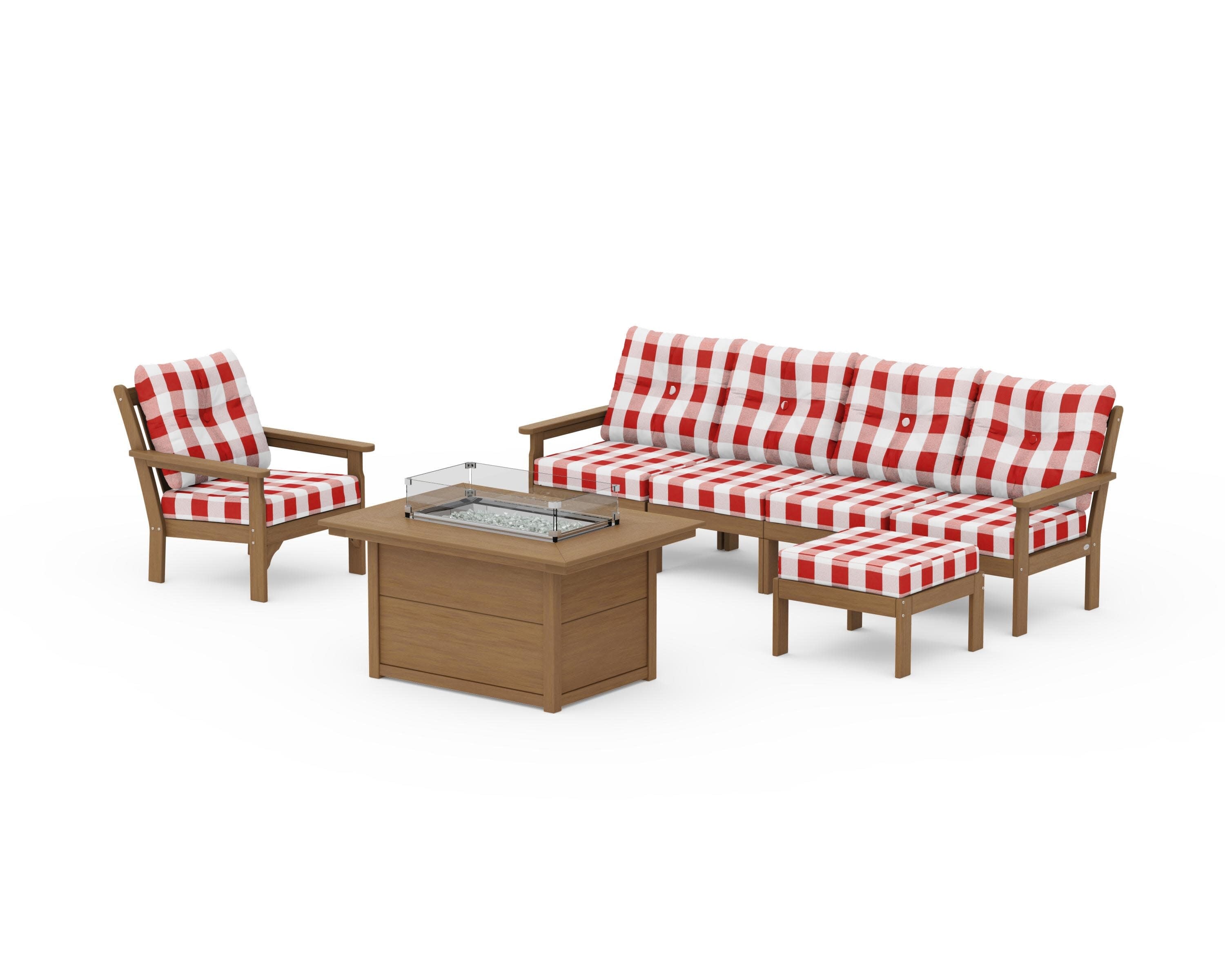 Vineyard Sectional Lounge and Fire Pit Set in Natural / Buffalo Plaid Crimson