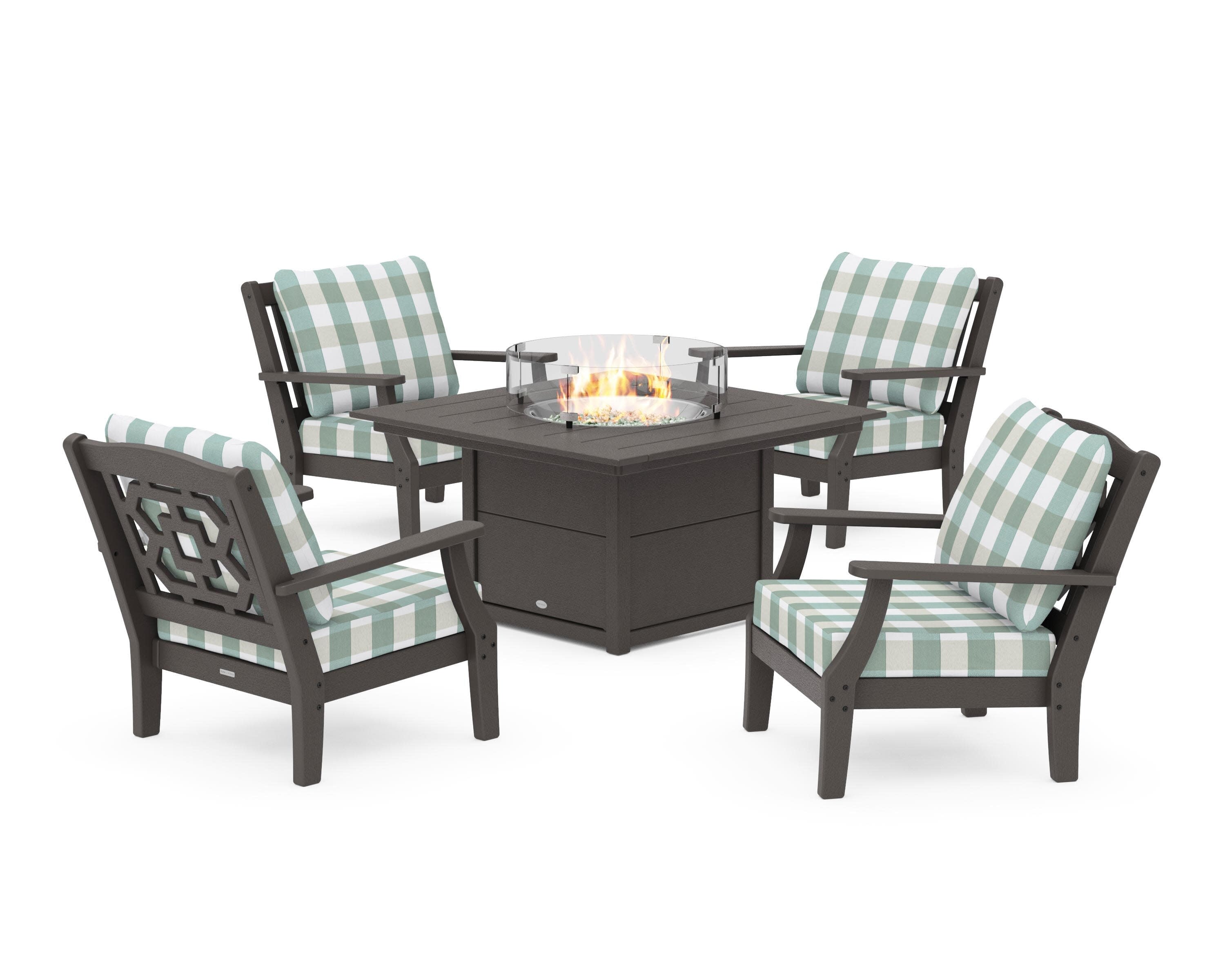 Chinoiserie 5-Piece Deep Seating Set with Fire Pit Table in Vintage Coffee / Buffalo Plaid Glacier Spa