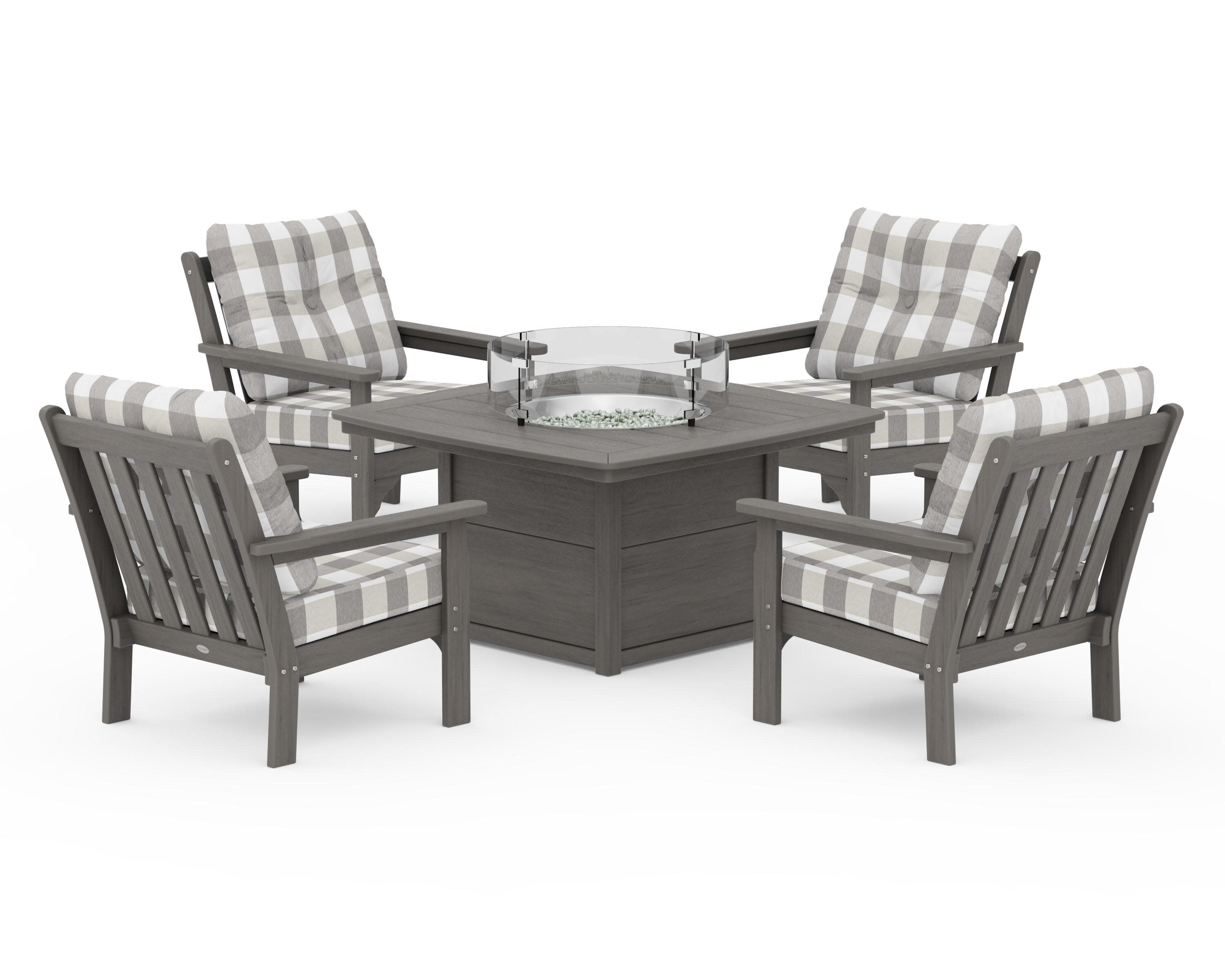 Vineyard 5-Piece Conversation Set with Fire Pit Table in Driftwood / Buffalo Plaid Grey Mist
