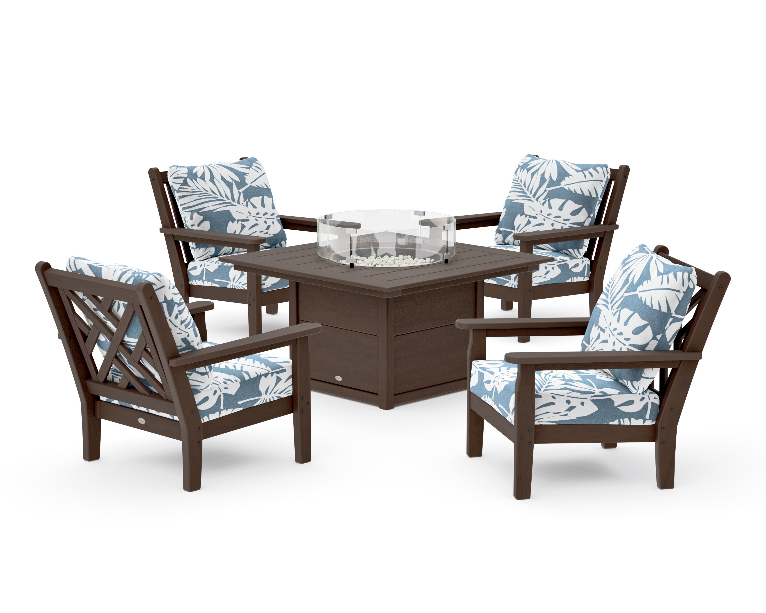 Chippendale 5-Piece Deep Seating Set with Fire Pit Table in Kona / Leaf Sky Blue
