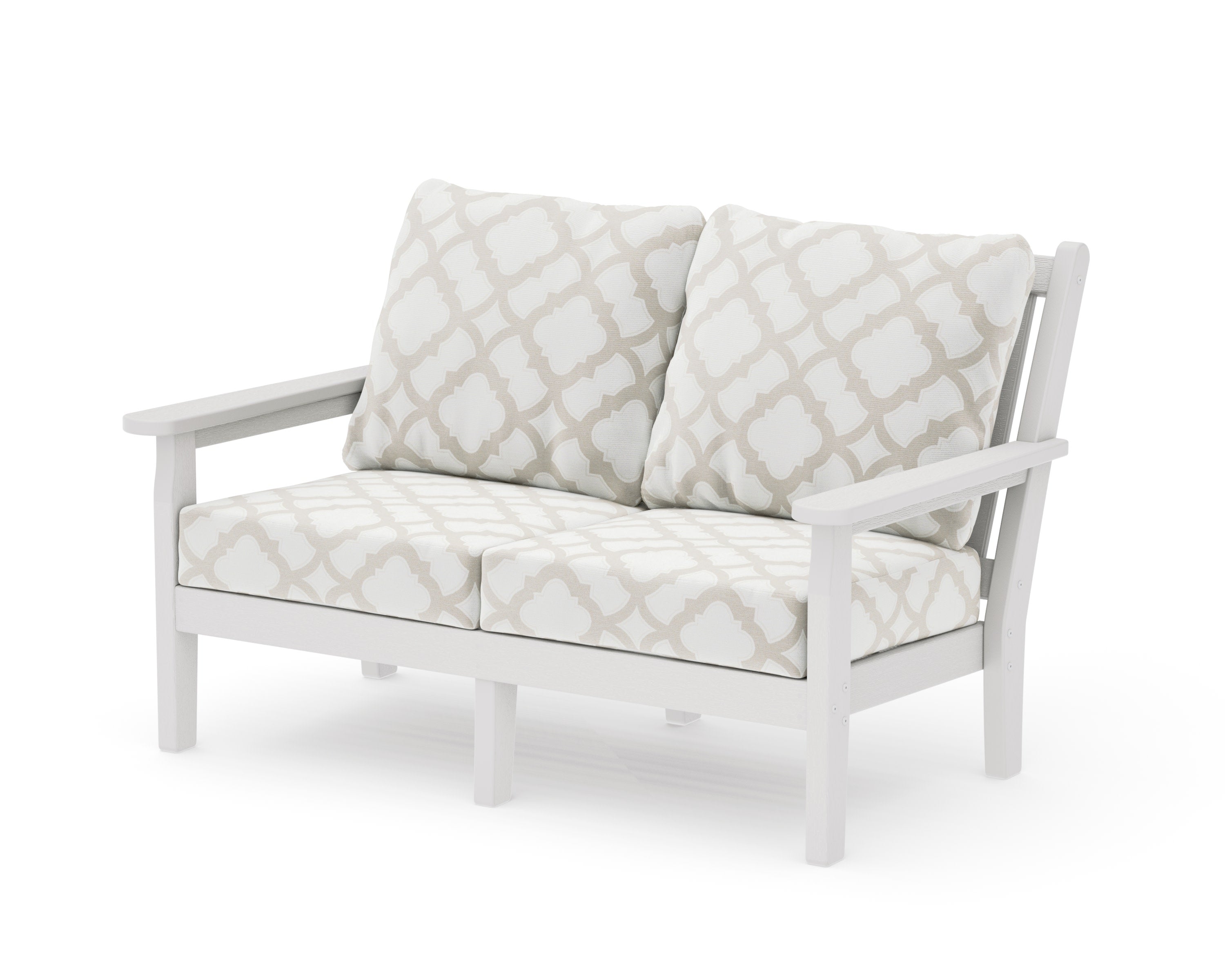 Chippendale Deep Seating Loveseat in Vintage White / Trellis Dune Burlap