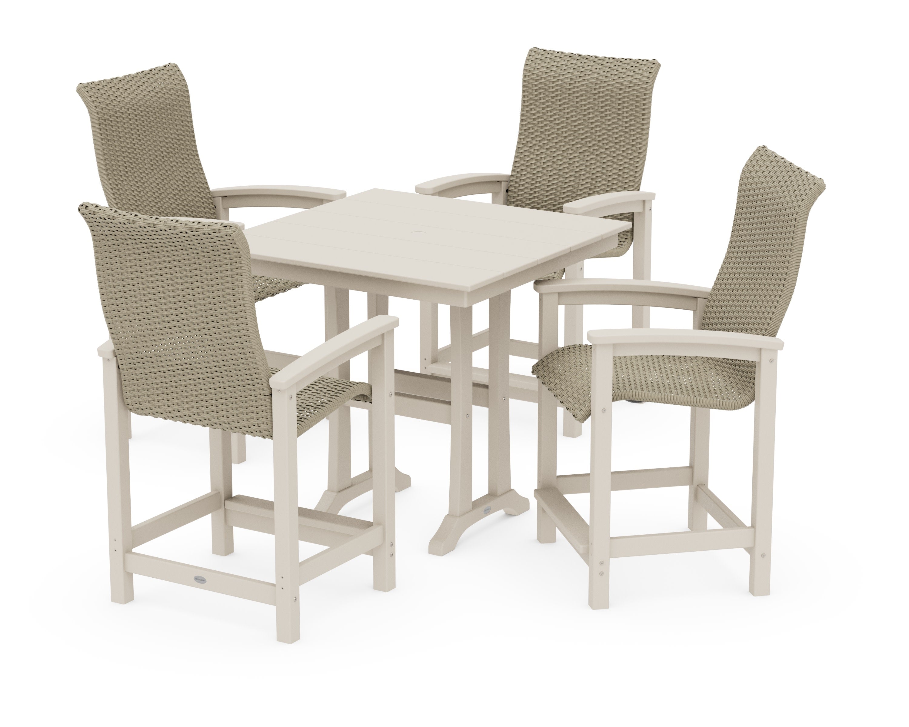 Coastal Woven High-Back 5-Piece Farmhouse Counter Set with Trestle Legs in Sand / Dune Grass