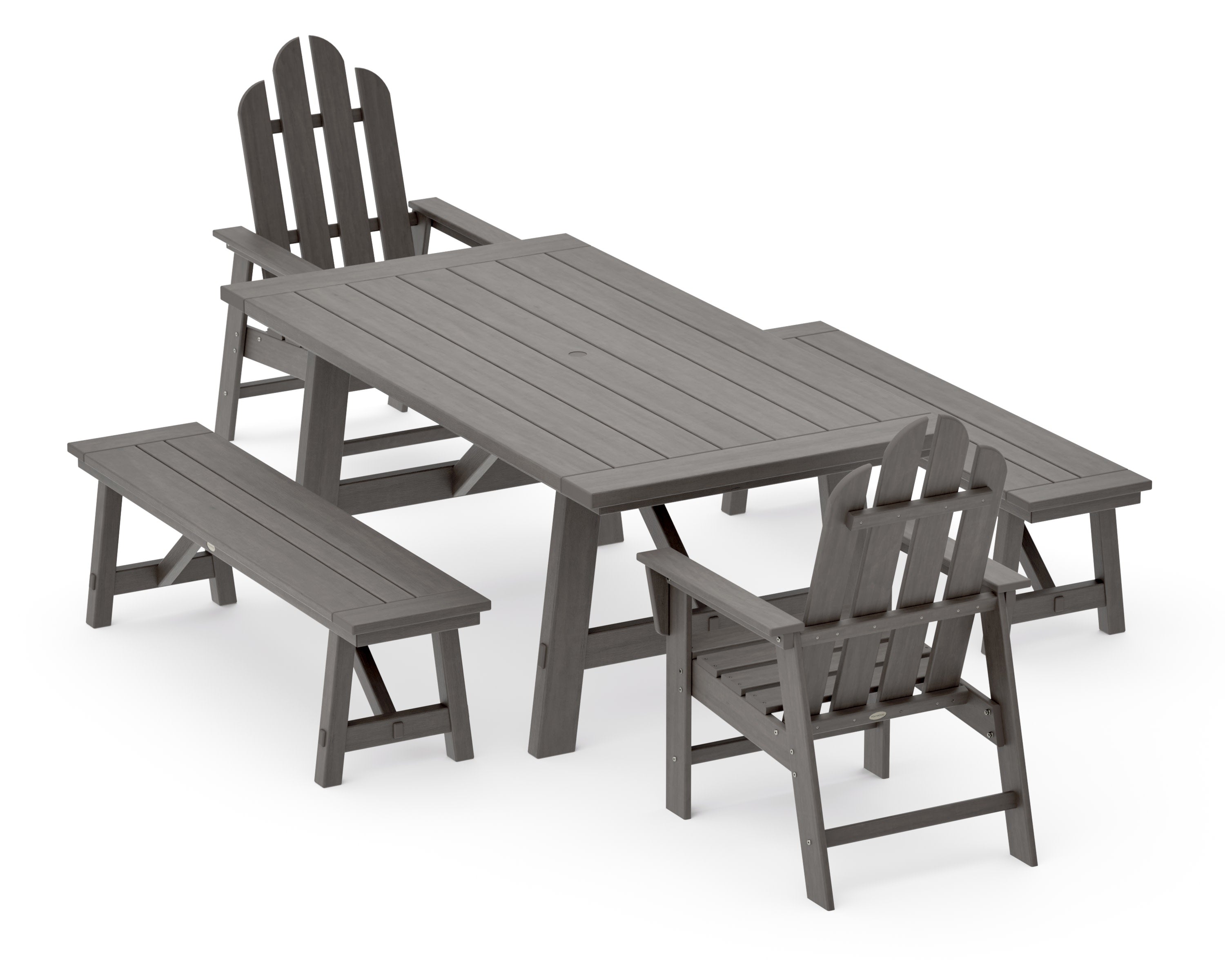 Long Island 5-Piece Rustic Farmhouse Dining Set With Benches in Driftwood