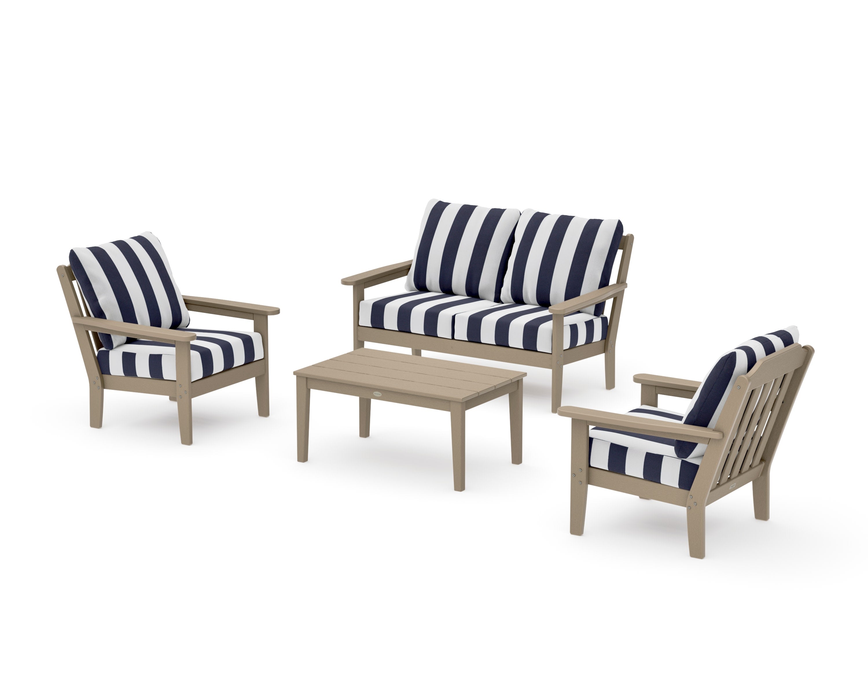 Cottage 4-Piece Deep Seating Set with Loveseat in Vintage Sahara / Cabana Stripe Navy