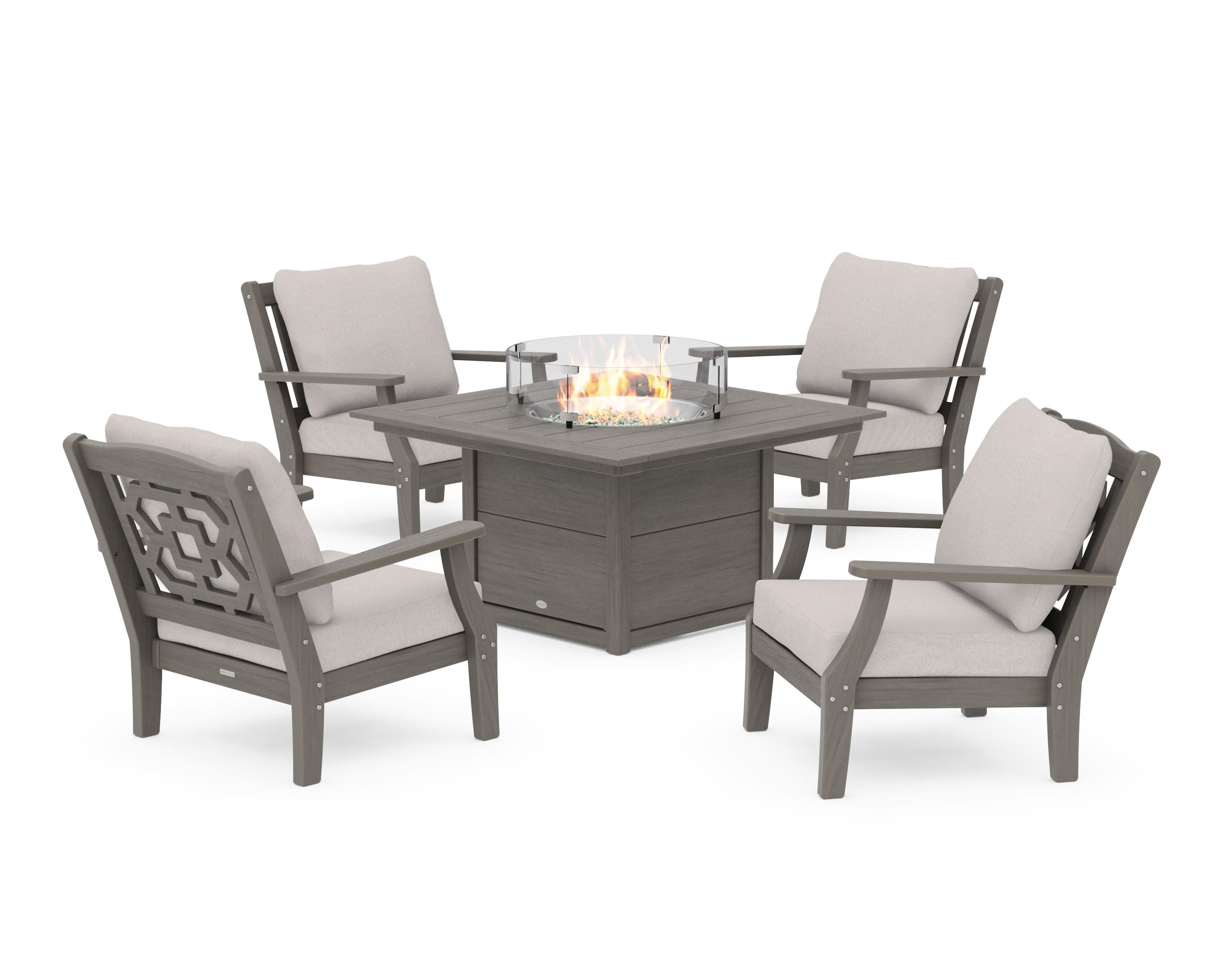 Chinoiserie 5-Piece Deep Seating Set with Fire Pit Table in Driftwood / Dune Burlap