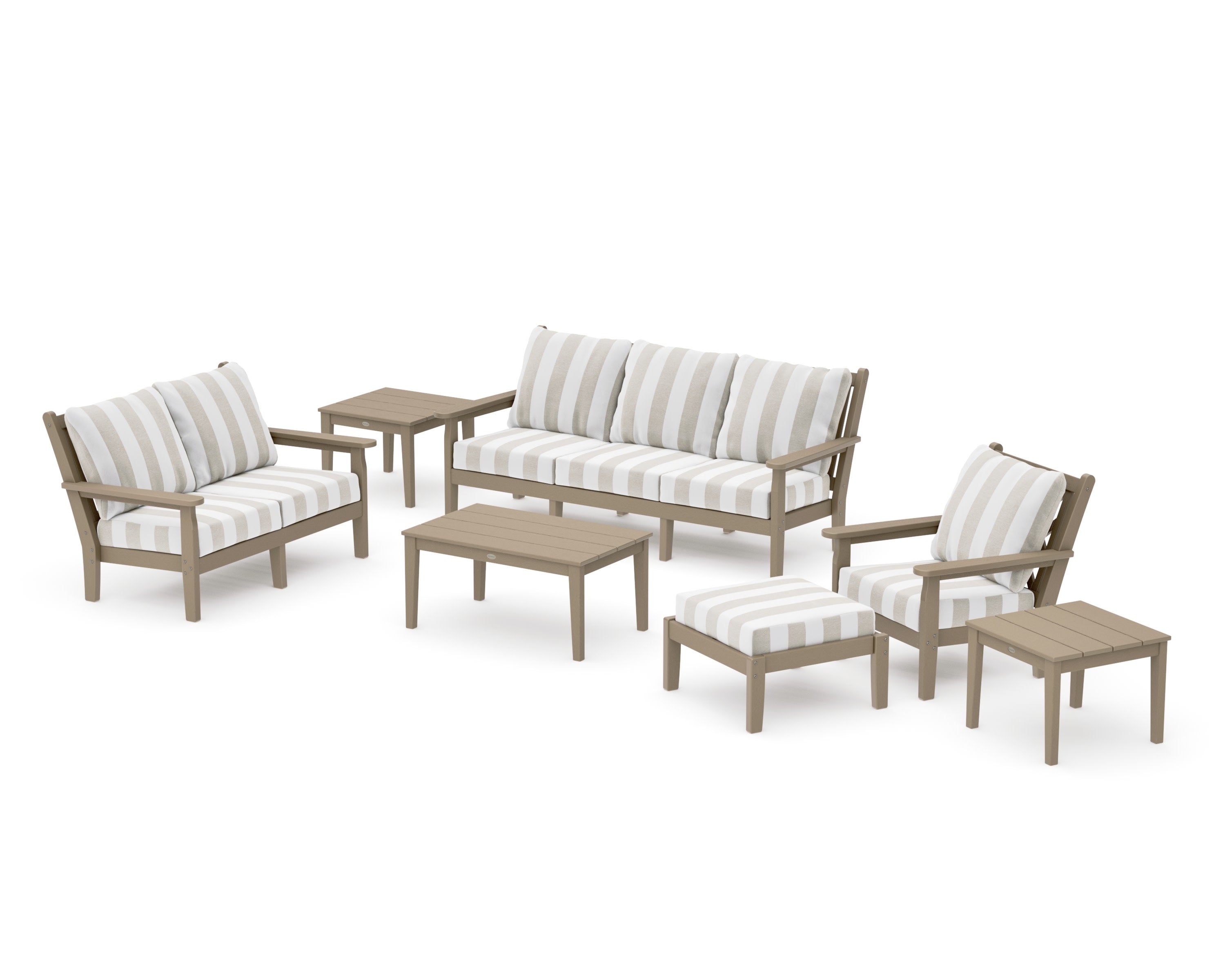 Chippendale 7-Piece Deep Seating Set in Vintage Sahara / Cabana Stripe Dune Burlap