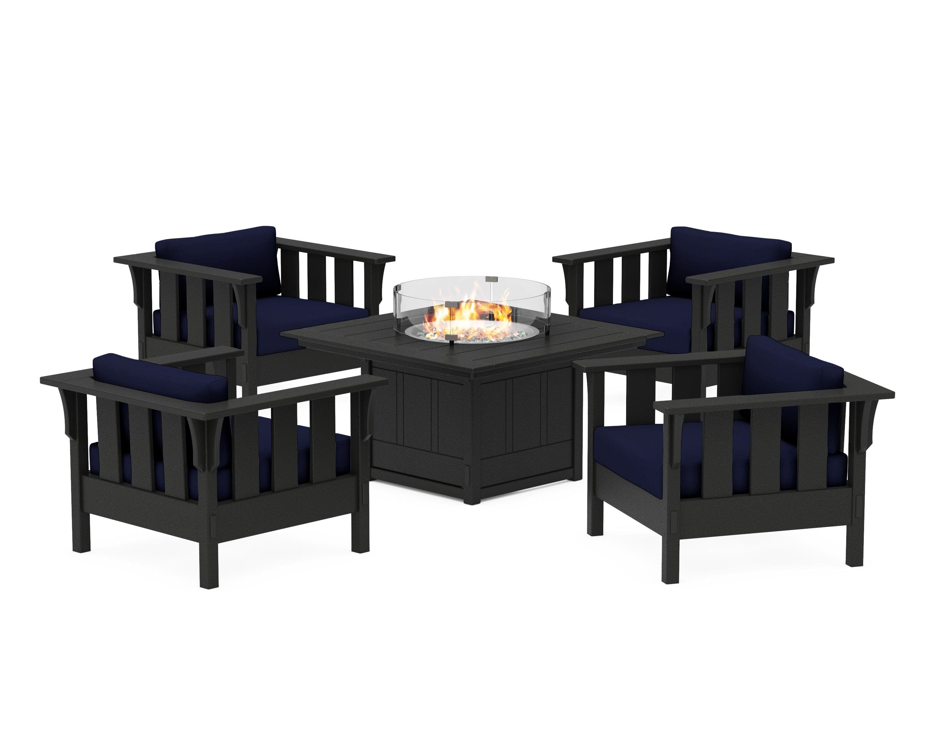 Acadia 5-Piece Deep Seating Set with Fire Pit Table in Black / Navy