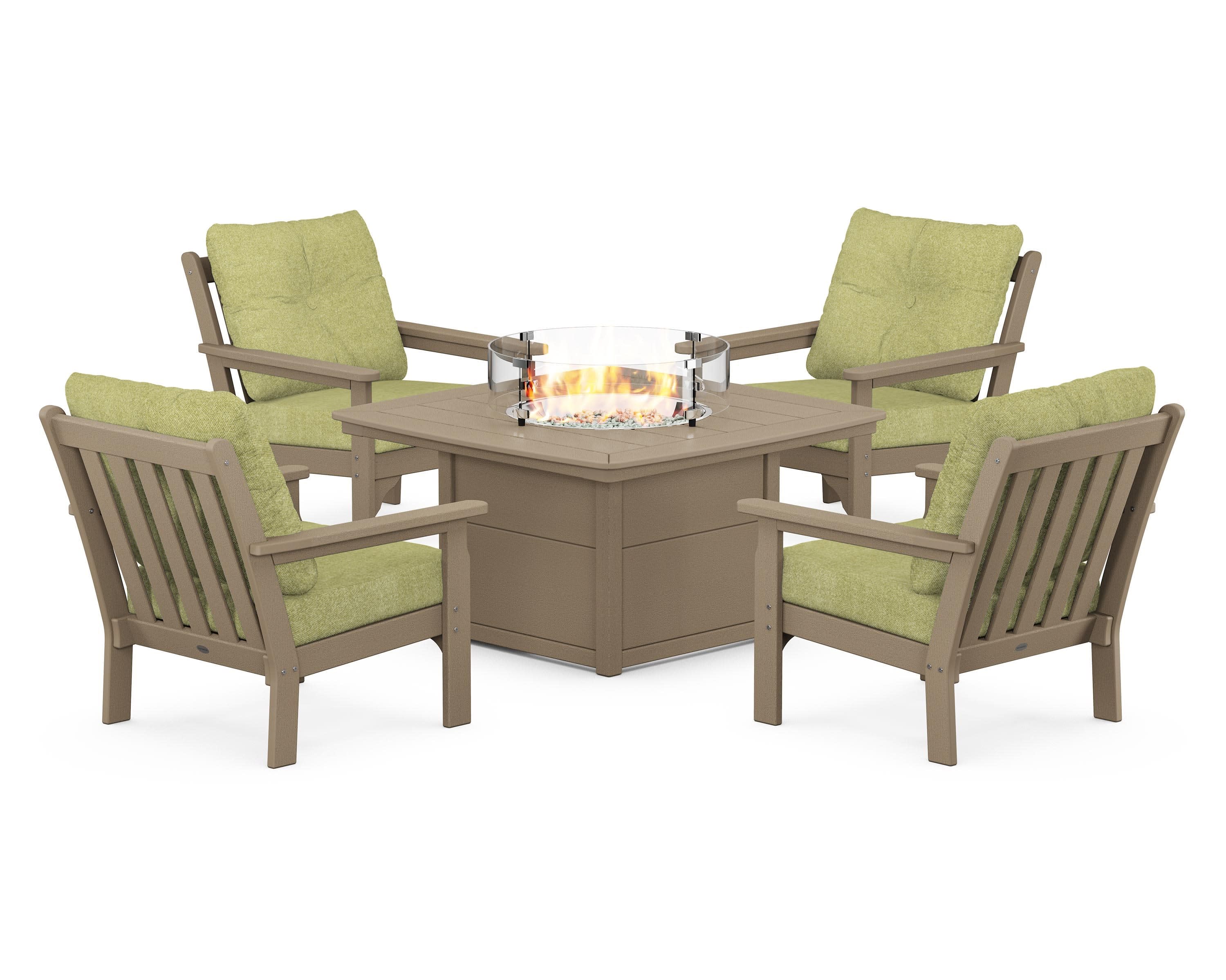Vineyard 5-Piece Conversation Set with Fire Pit Table in Vintage Sahara / Chartreuse Boucle