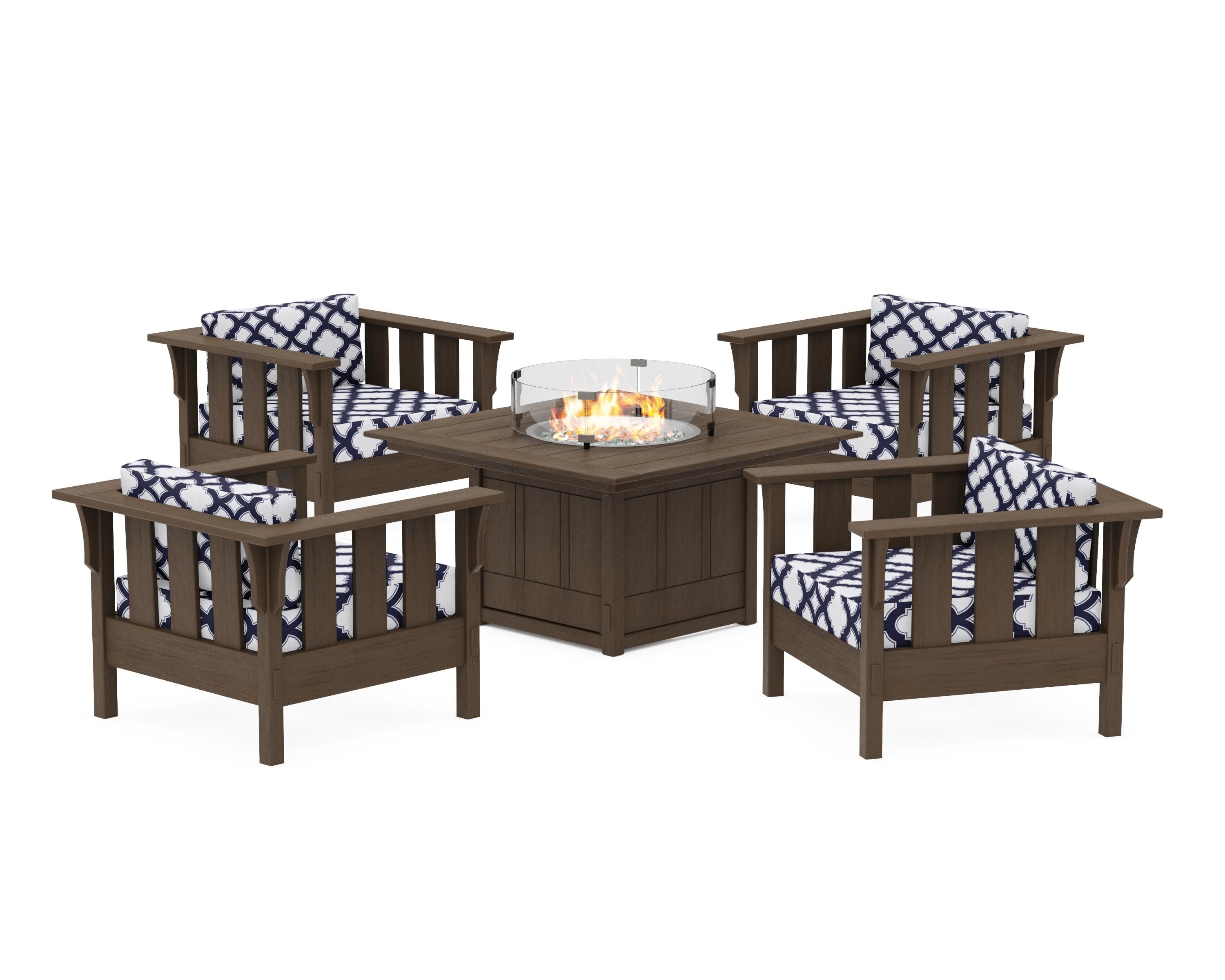 Acadia 5-Piece Deep Seating Set with Fire Pit Table in Kona / Trellis Navy