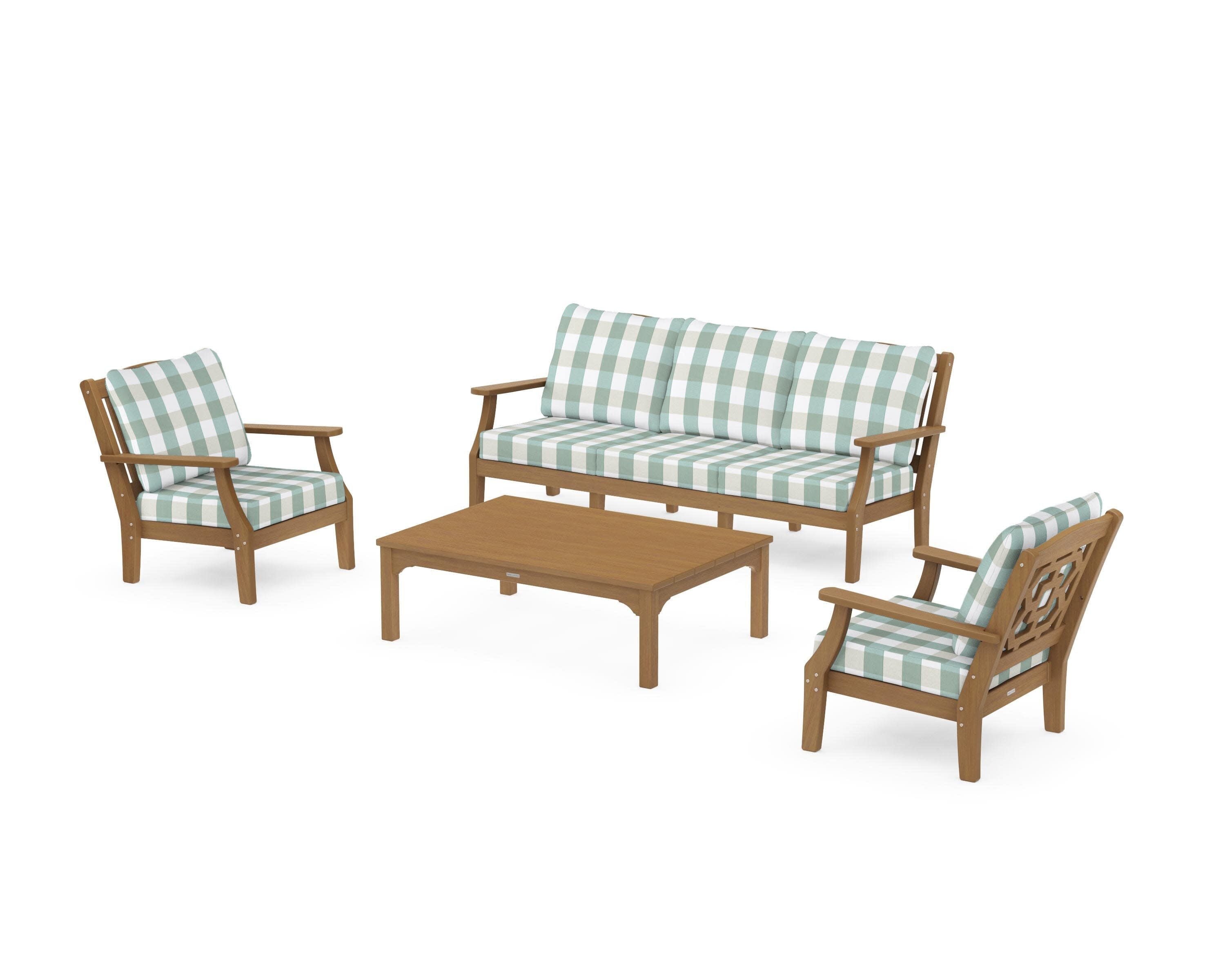 Chinoiserie 4-Piece Deep Seating Set with Sofa in Natural / Buffalo Plaid Glacier Spa