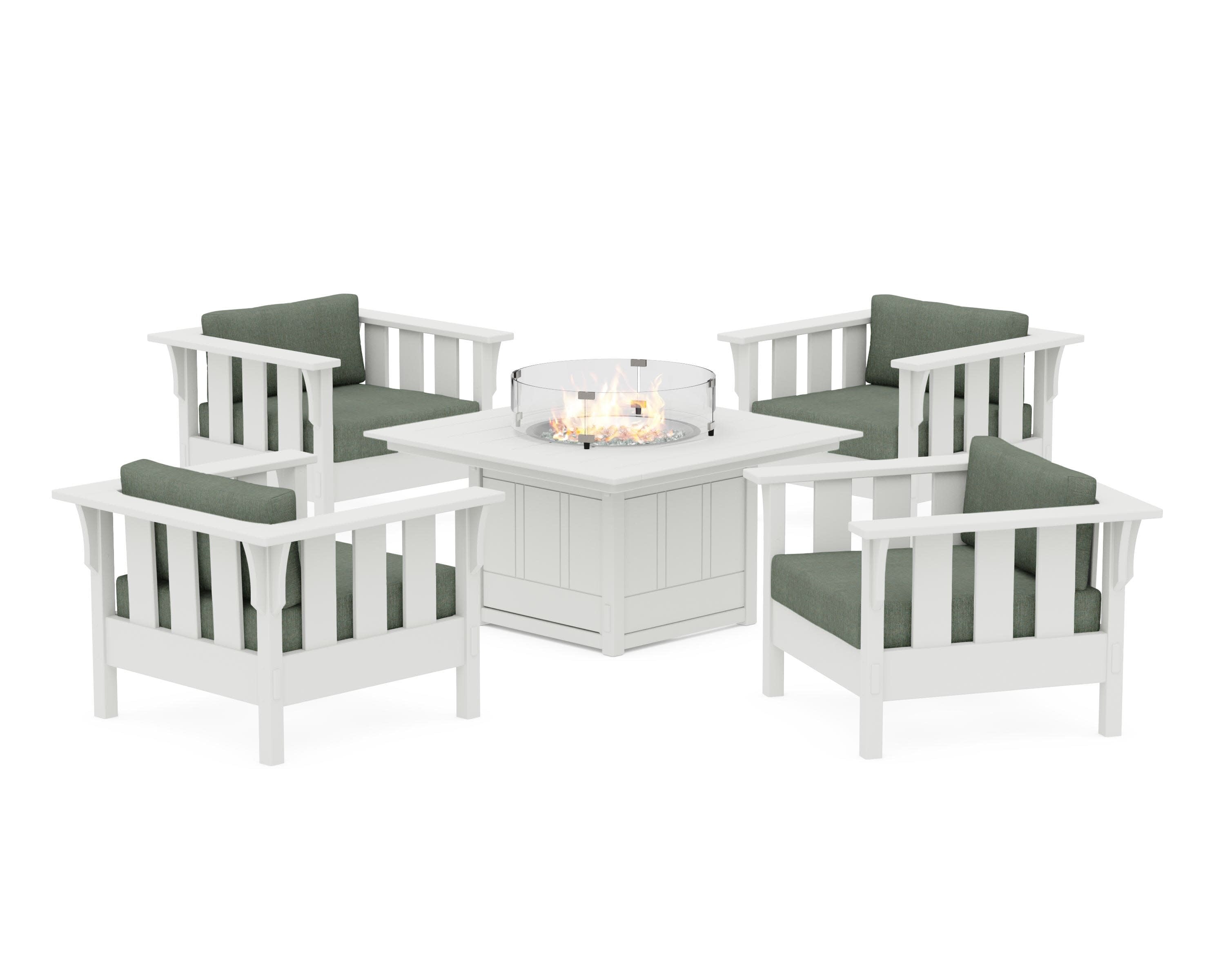 Acadia 5-Piece Deep Seating Set with Fire Pit Table in White / Cast Sage