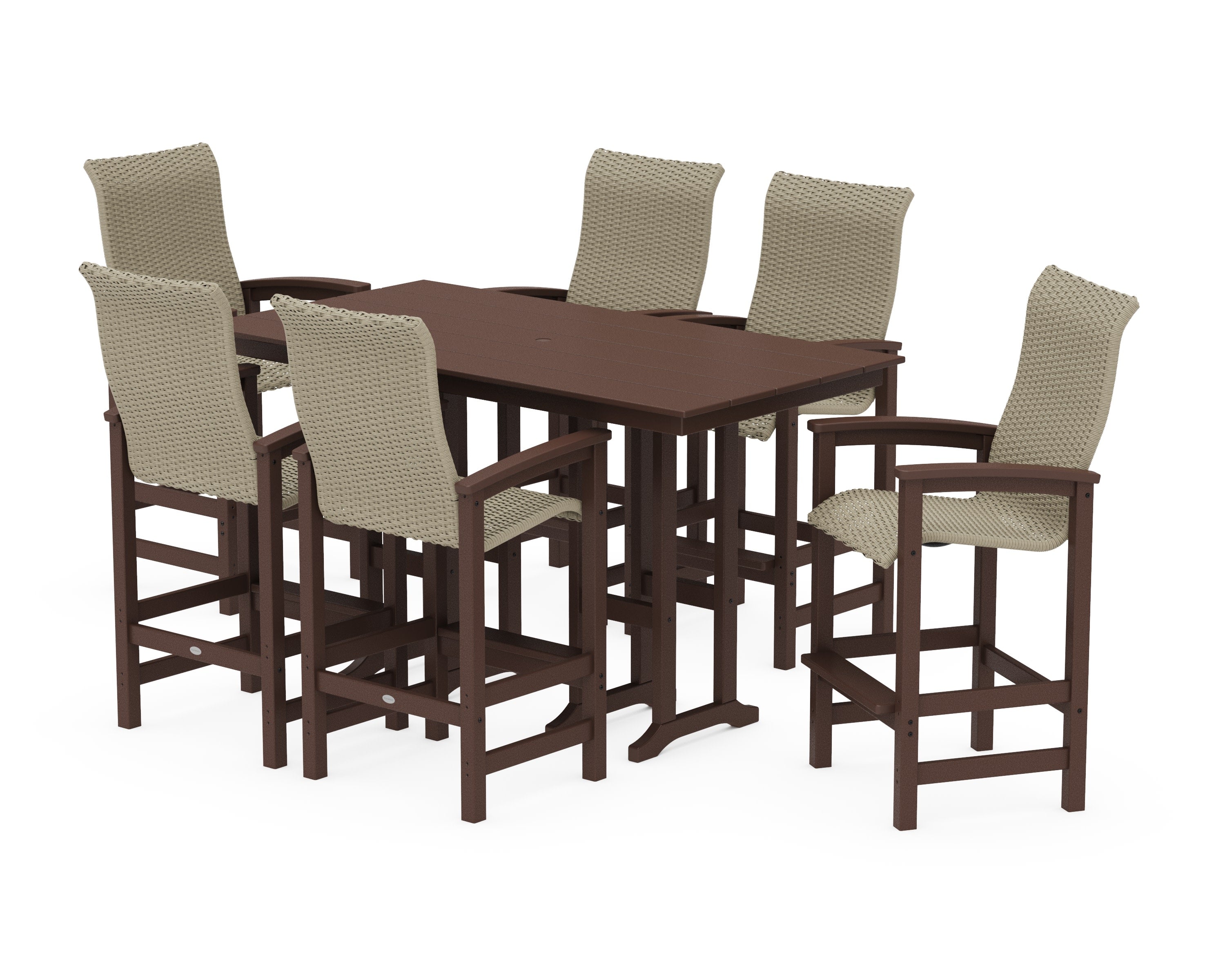 Coastal Woven High-Back Arm Chair 7-Piece Farmhouse Bar Set in Mahogany / Dune Grass