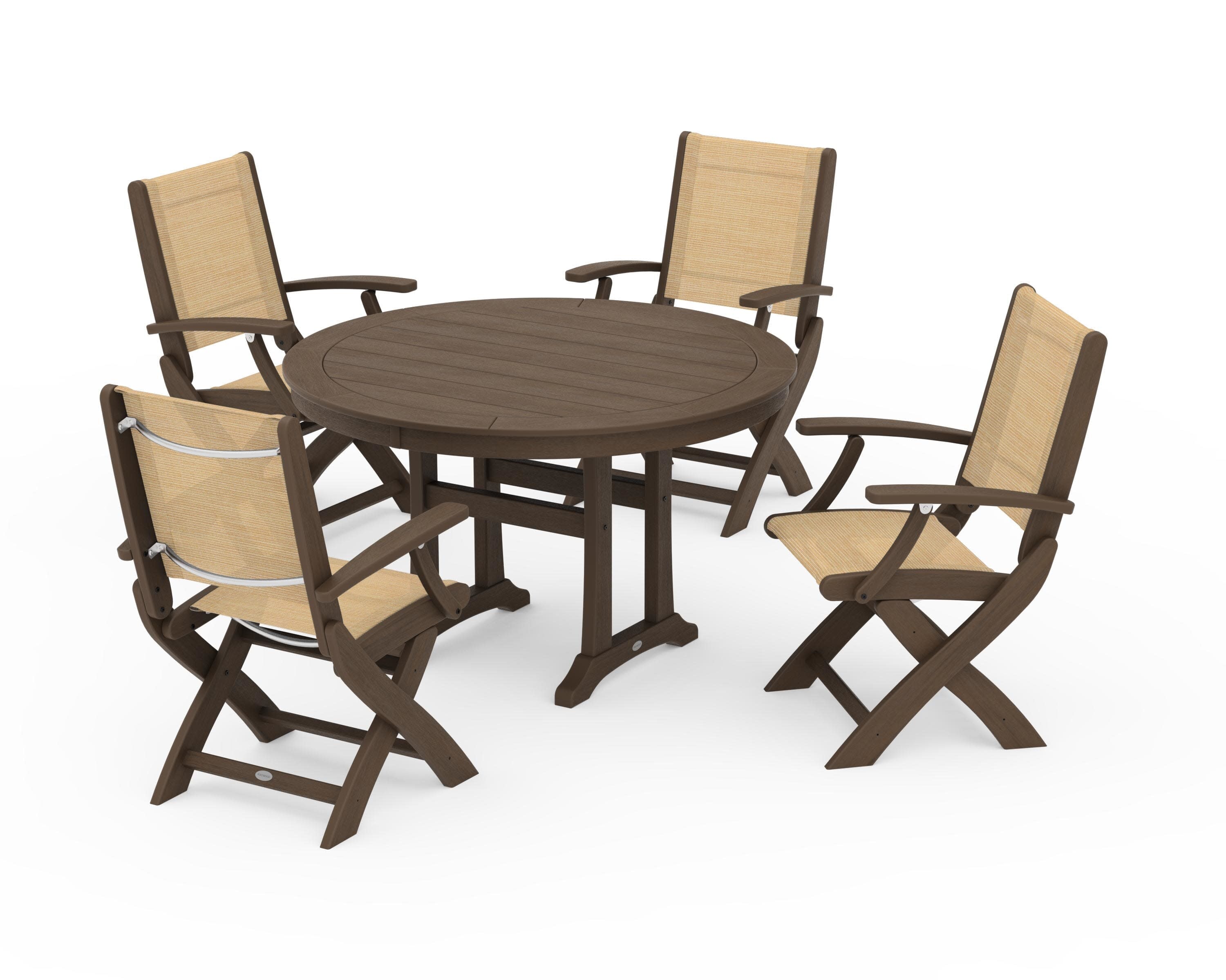 Coastal Folding Chair 5-Piece Round Dining Set with Trestle Legs in Kona / Dupioni Apricot Sling