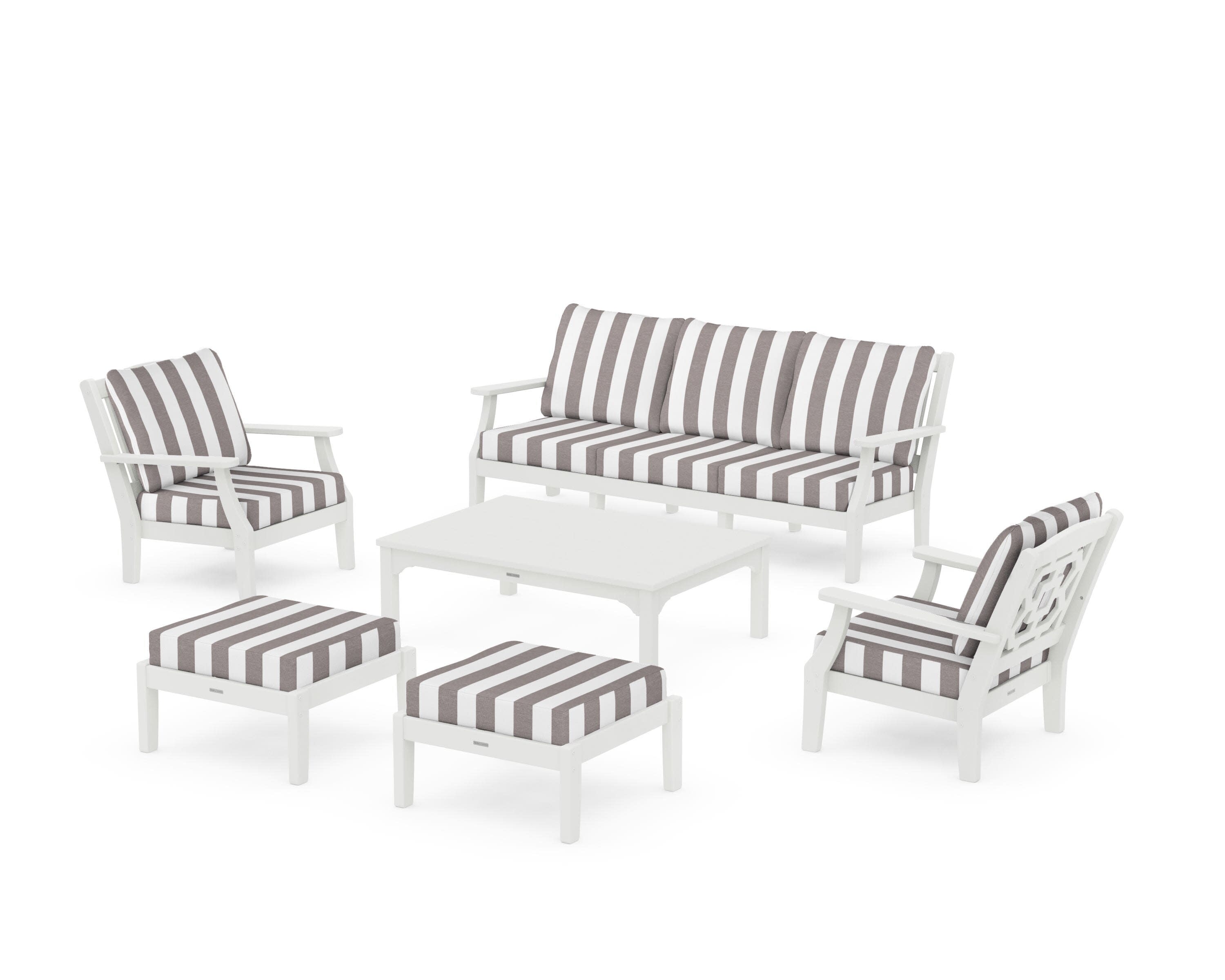 Chinoiserie 6-Piece Lounge Sofa Set in Vintage White / Cabana Stripe Grey Mist