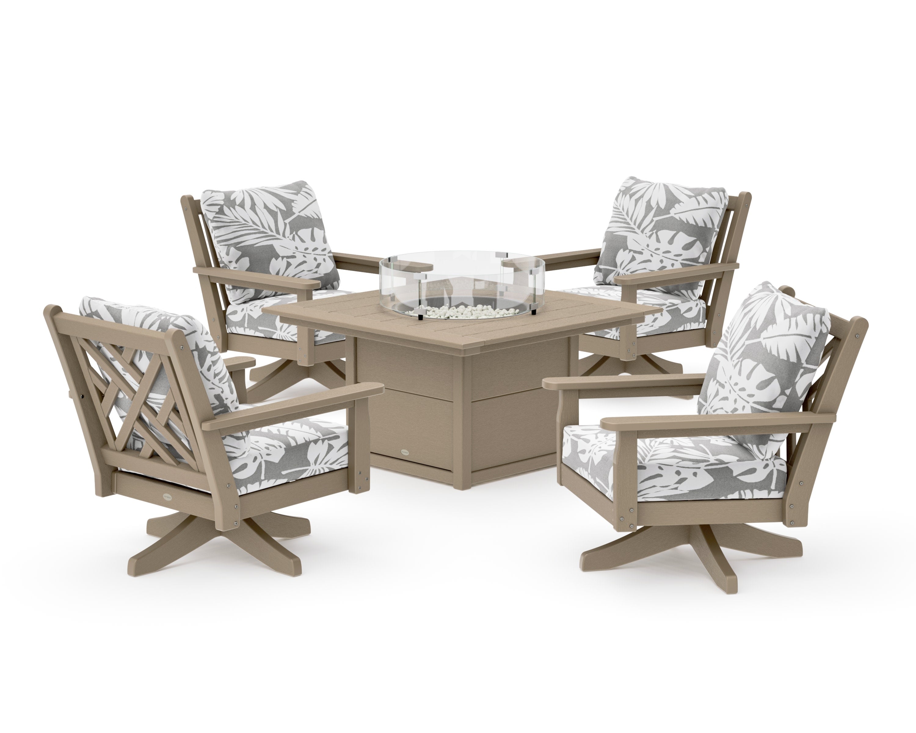 Chippendale 5-Piece Deep Seating Swivel Conversation Set with Fire Pit Table in Vintage Sahara / Leaf Grey Mist