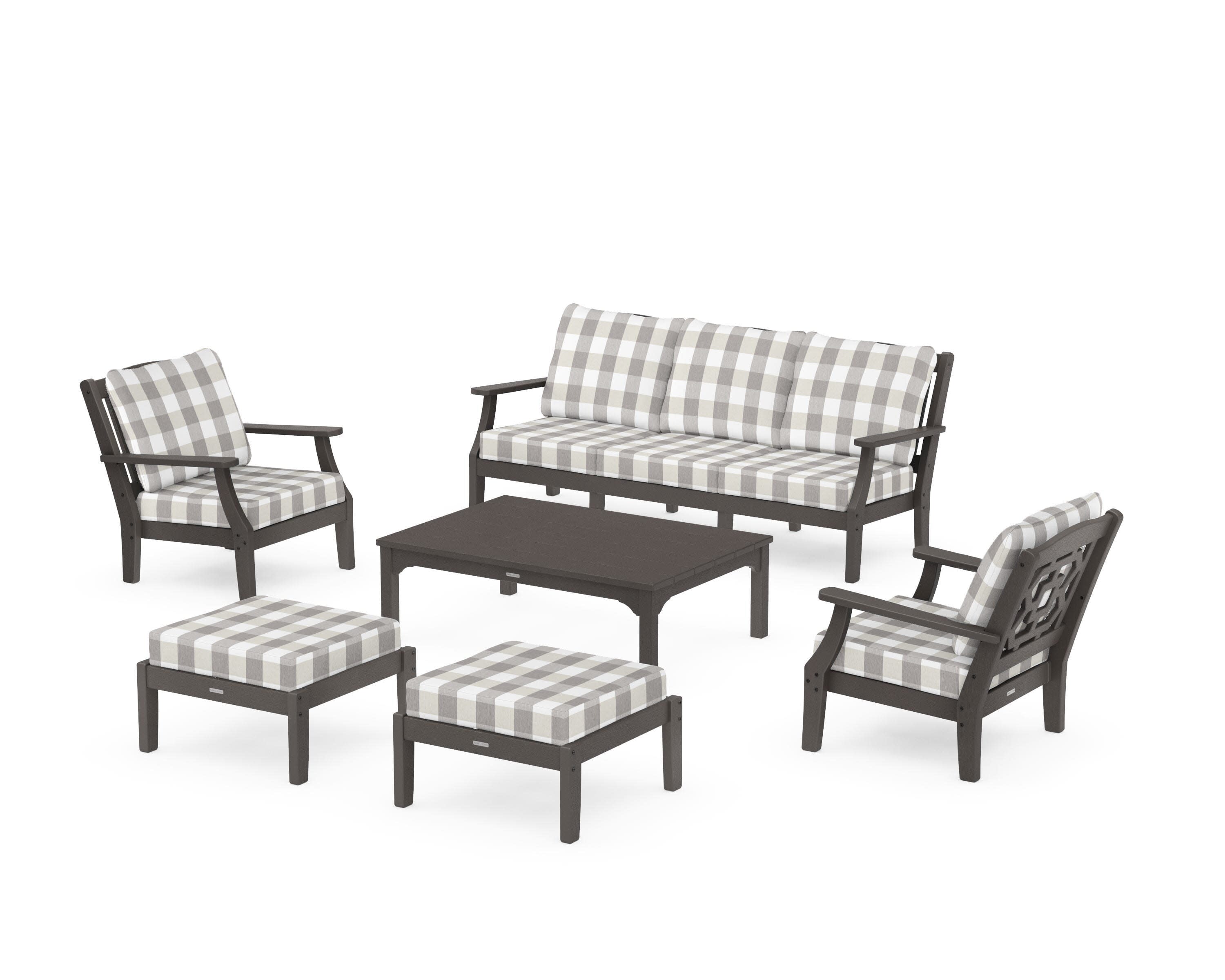 Chinoiserie 6-Piece Lounge Sofa Set in Vintage Coffee / Buffalo Plaid Grey Mist