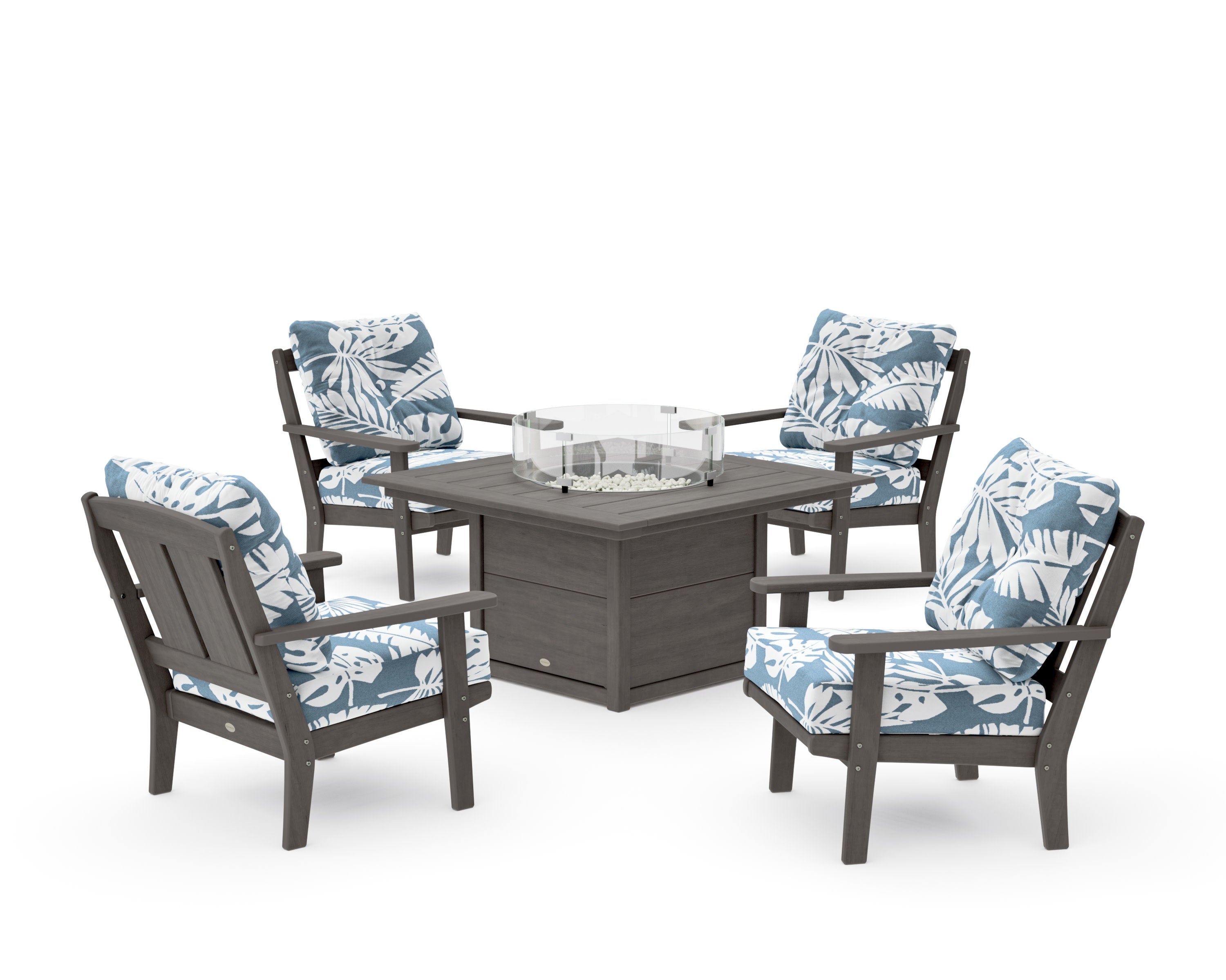 Mission 5-Piece Deep Seating Set with Fire Pit Table in Driftwood / Leaf Sky Blue