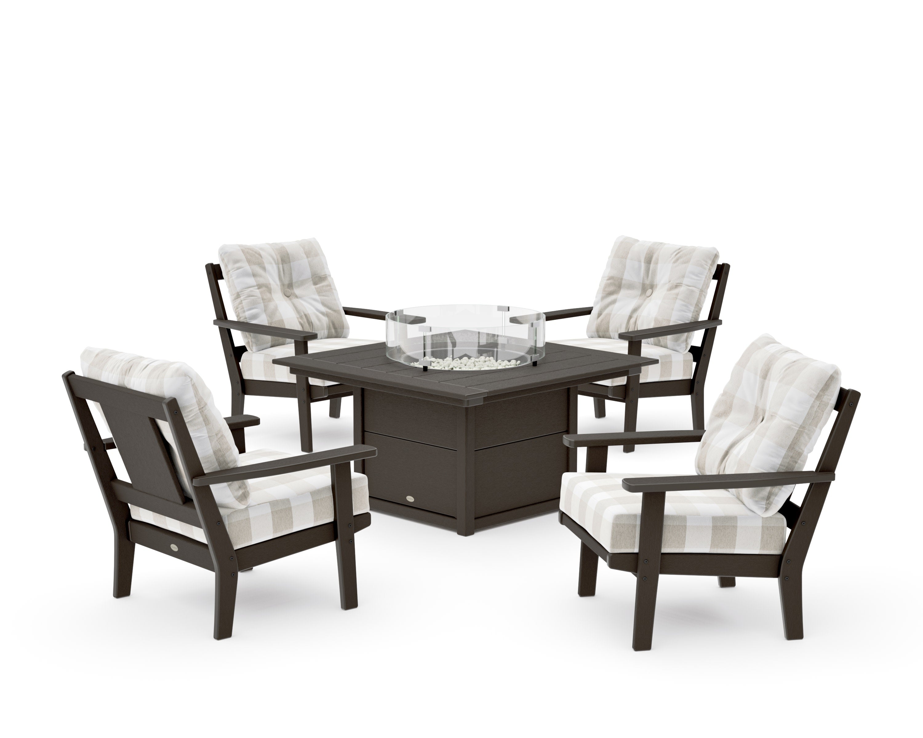 Prairie 5-Piece Deep Seating Set with Fire Pit Table in Vintage Coffee / Buffalo Plaid Dune Burlap