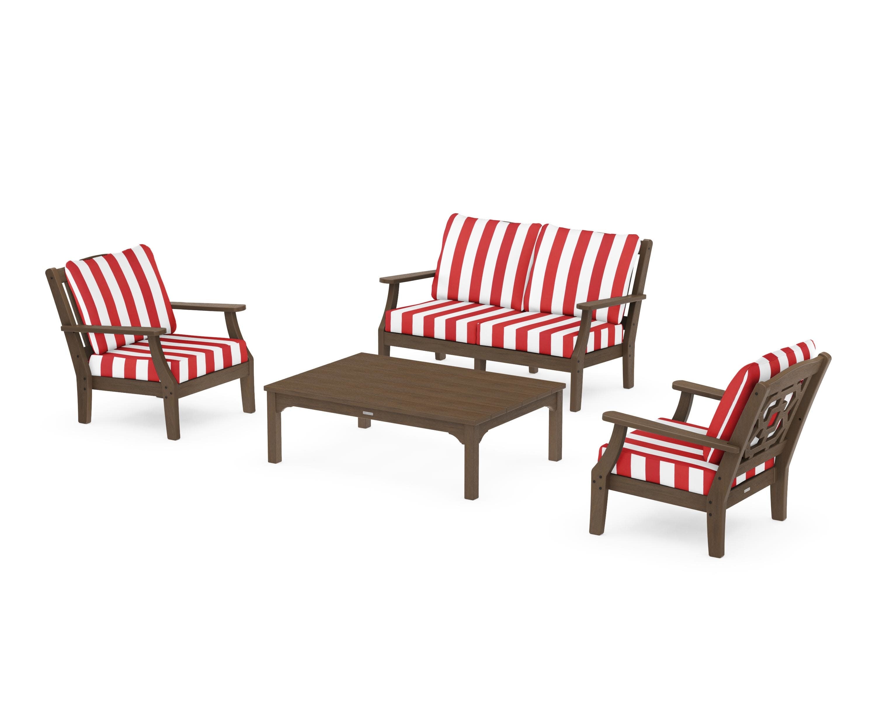 Chinoiserie 4-Piece Deep Seating Set with Loveseat in Kona / Cabana Stripe Crimson