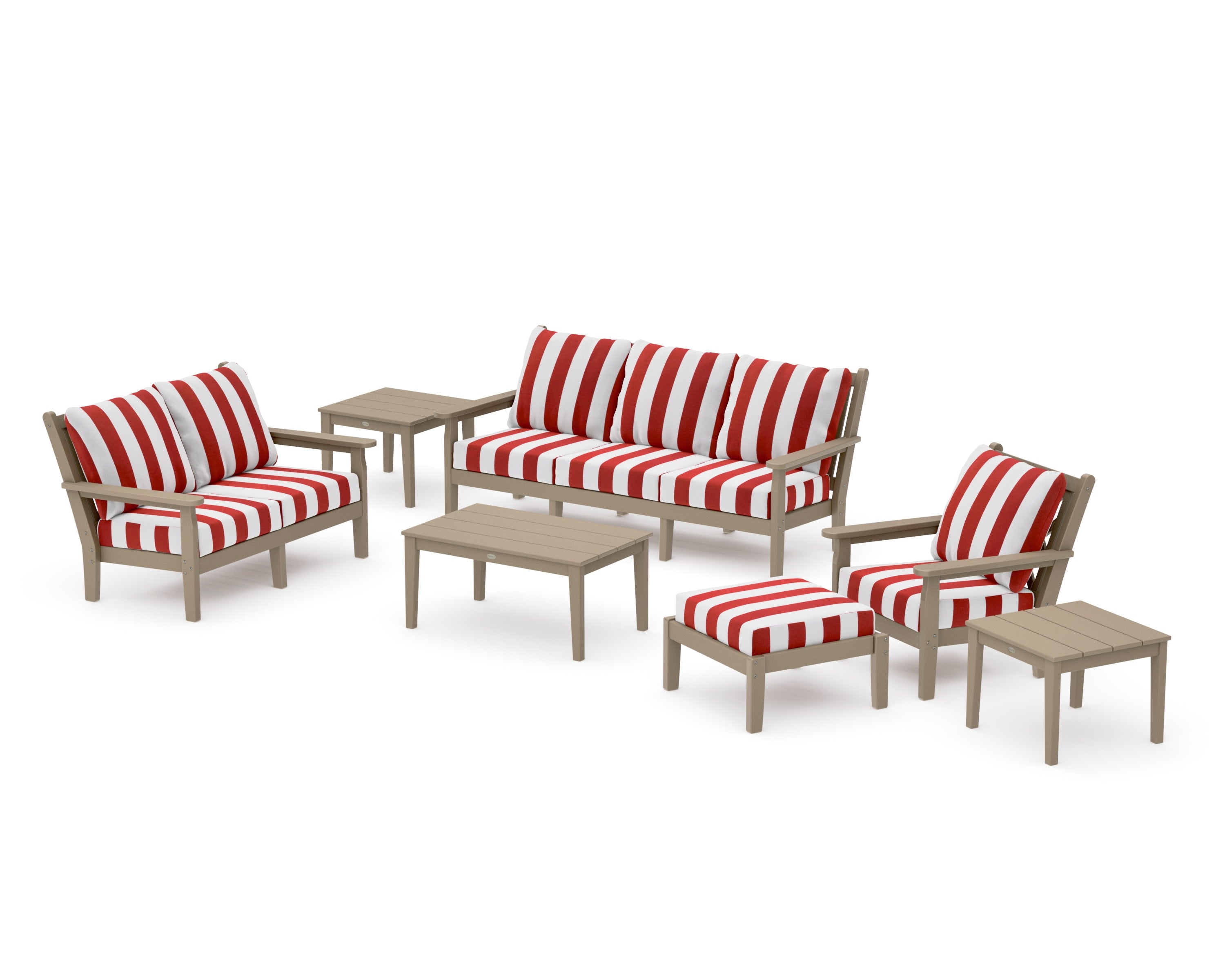 Chippendale 7-Piece Deep Seating Set in Vintage Sahara / Cabana Stripe Crimson
