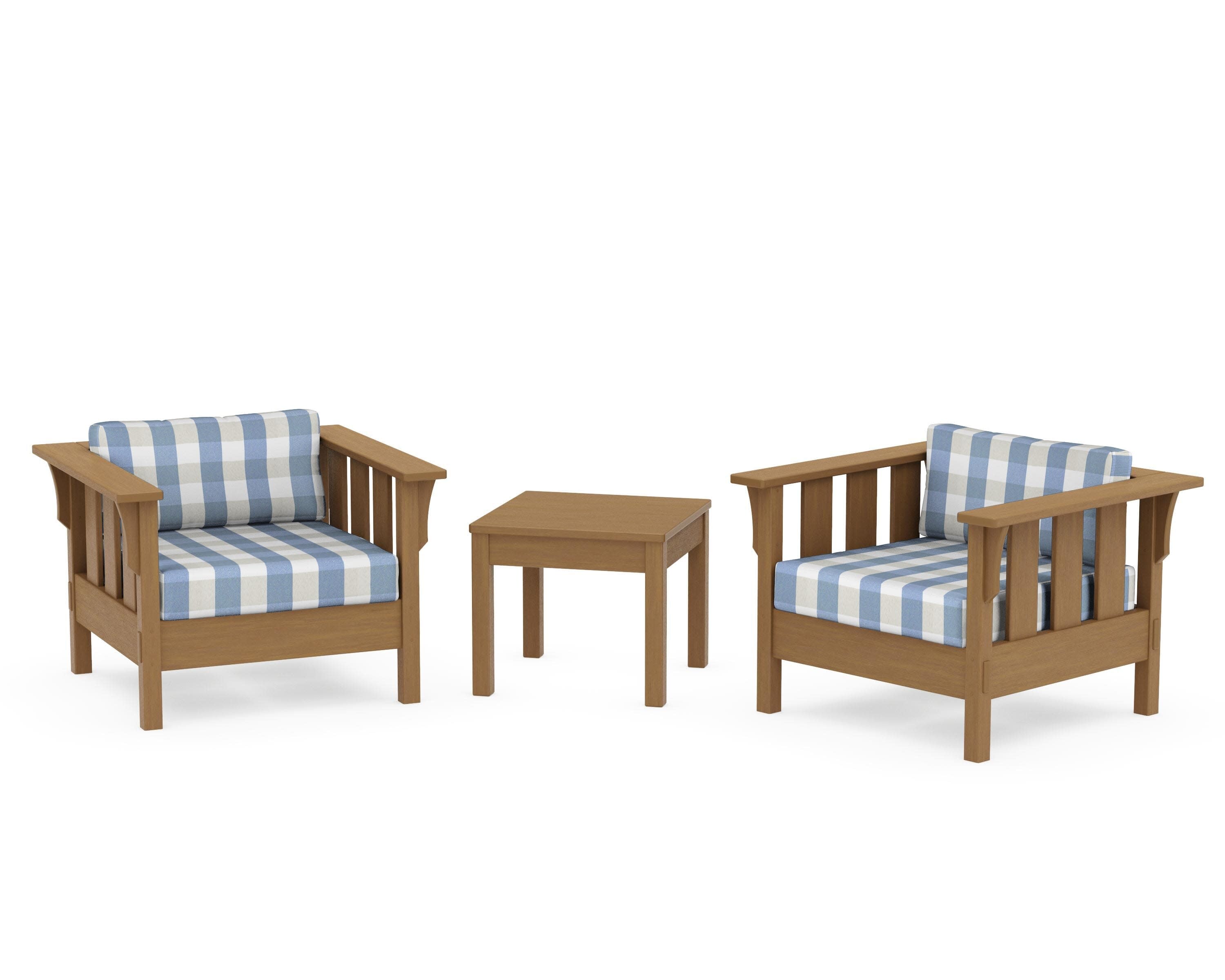 Acadia 3-Piece Deep Seating Set in Natural / Buffalo Plaid Sky Blue