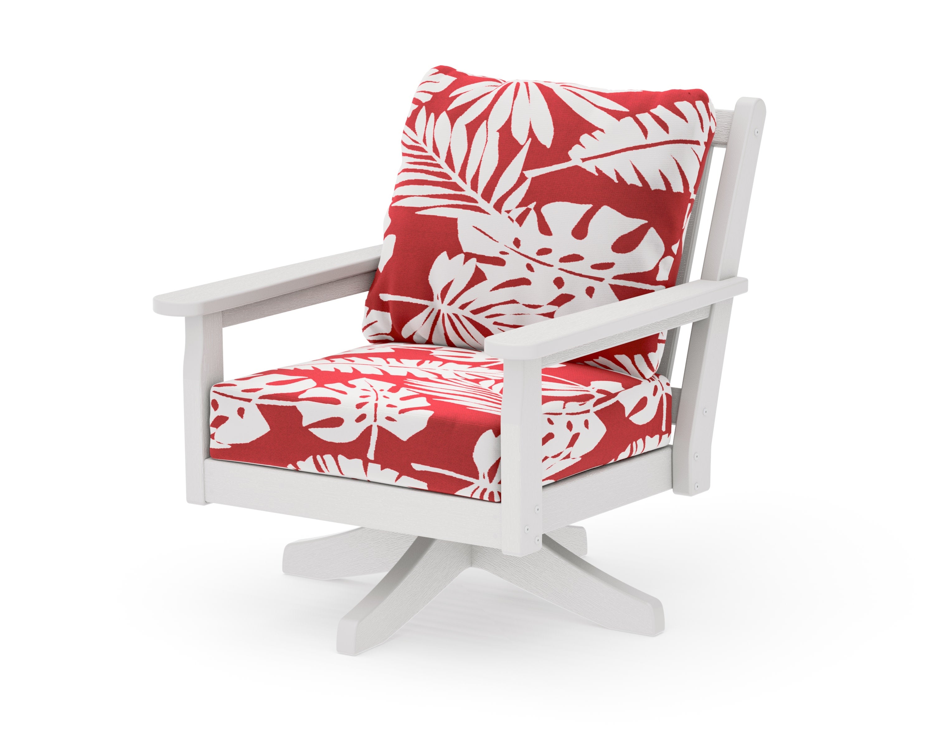 Chippendale Deep Seating Swivel Chair in Vintage White / Leaf Crimson