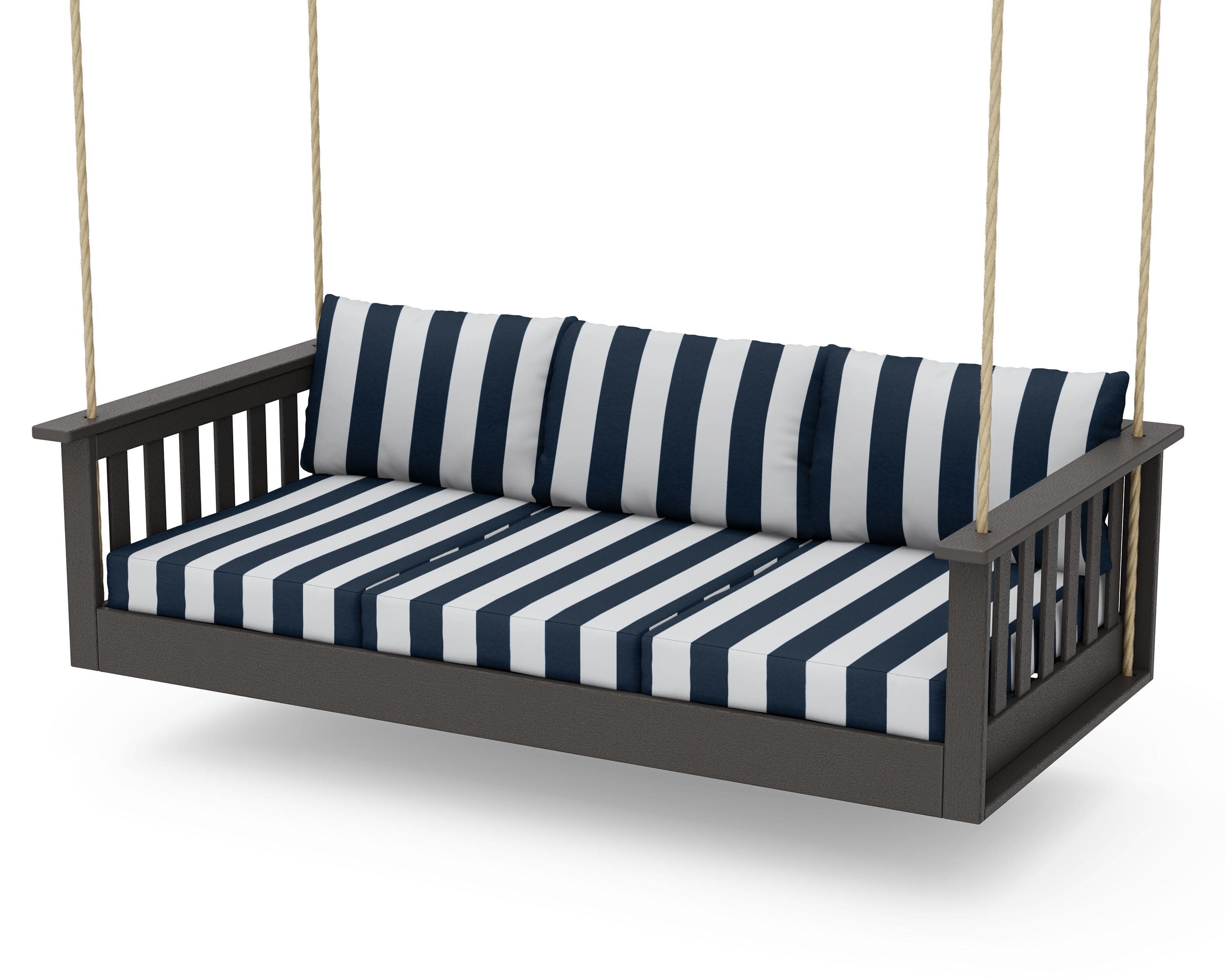 Vineyard Daybed Swing in Vintage Coffee / Cabana Stripe Marine Indigo