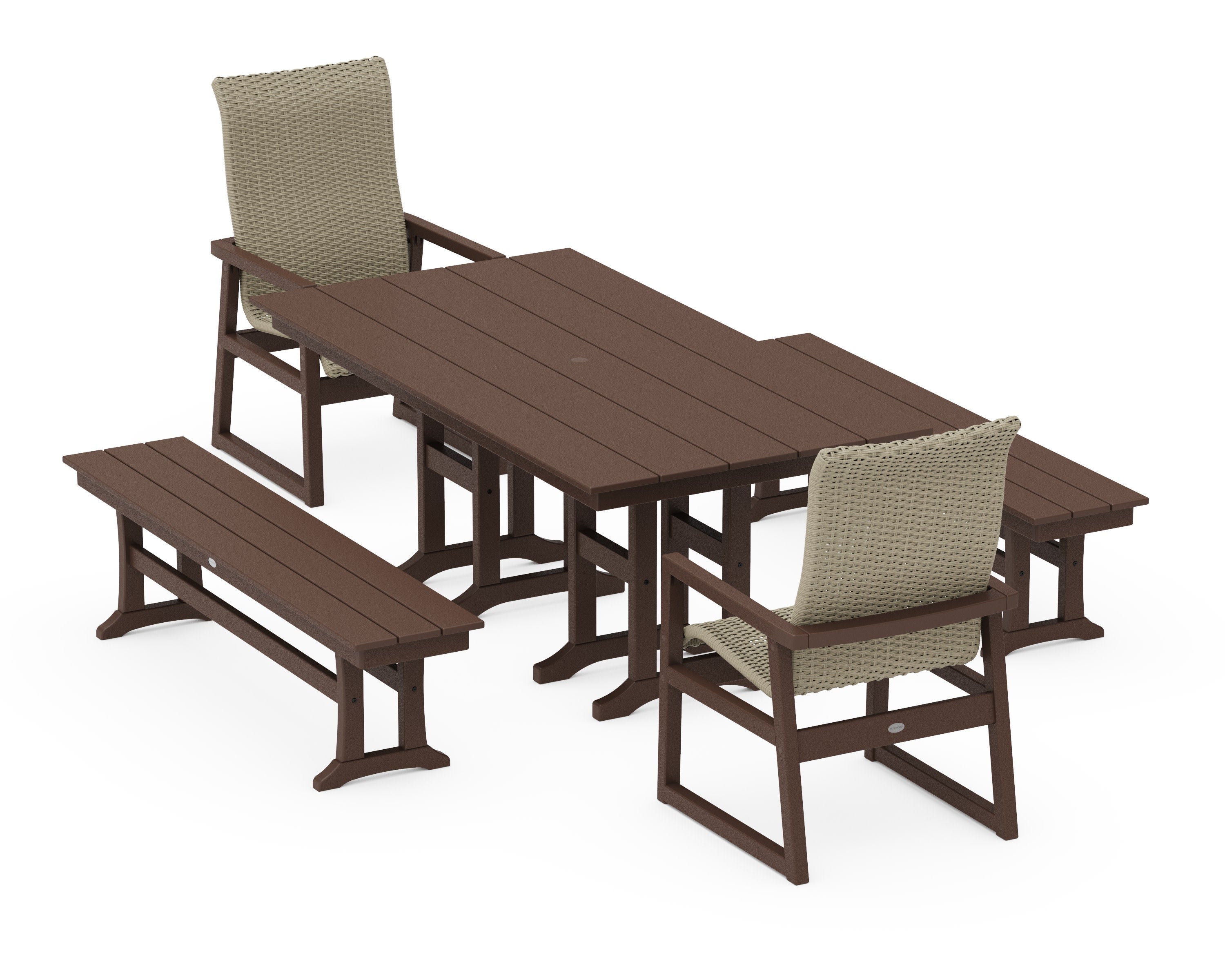 EDGE Woven Highback 5-Piece Farmhouse Dining Set with Benches in Mahogany / Dune Grass