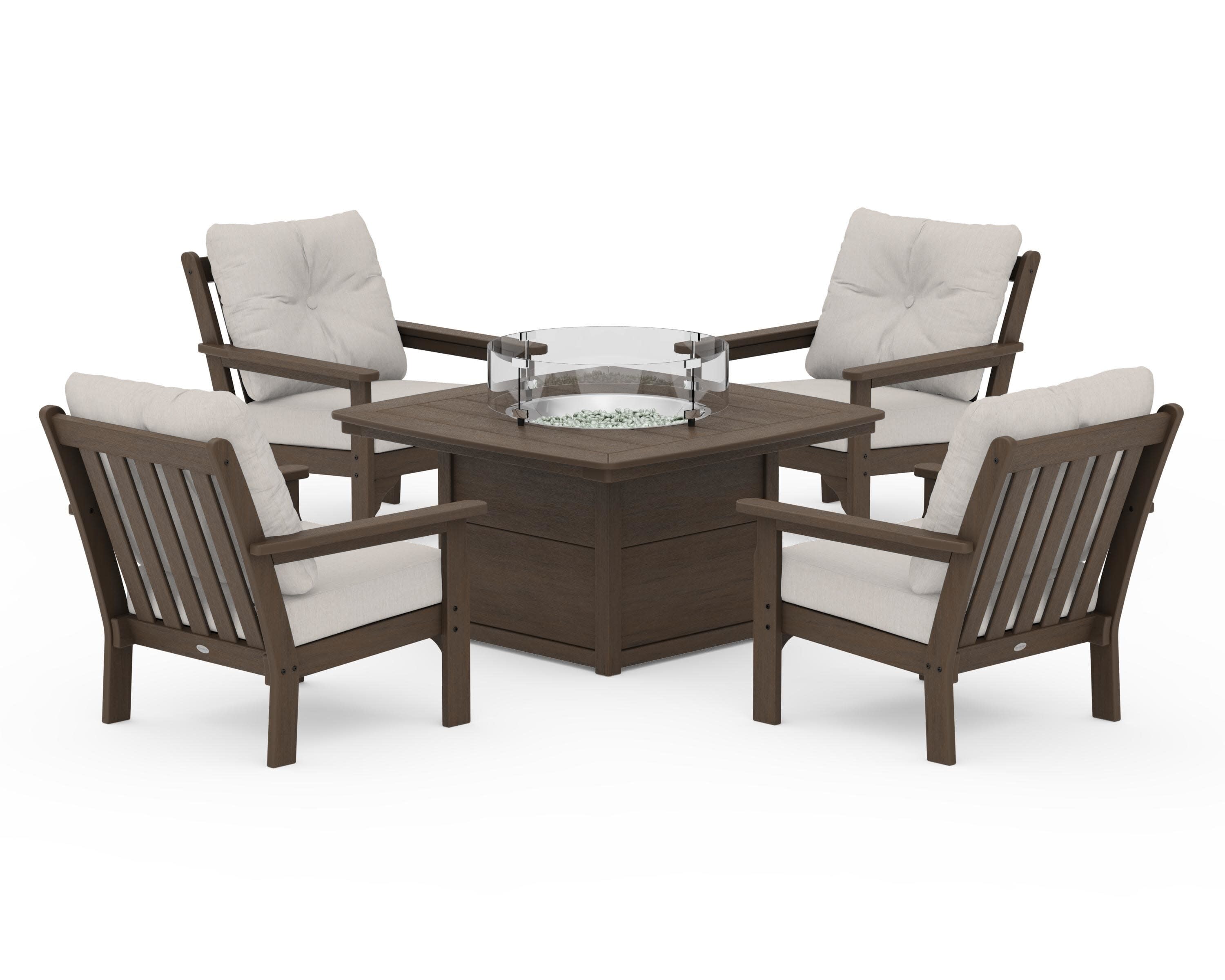 Vineyard 5-Piece Conversation Set with Fire Pit Table in Kona / Cast Ash