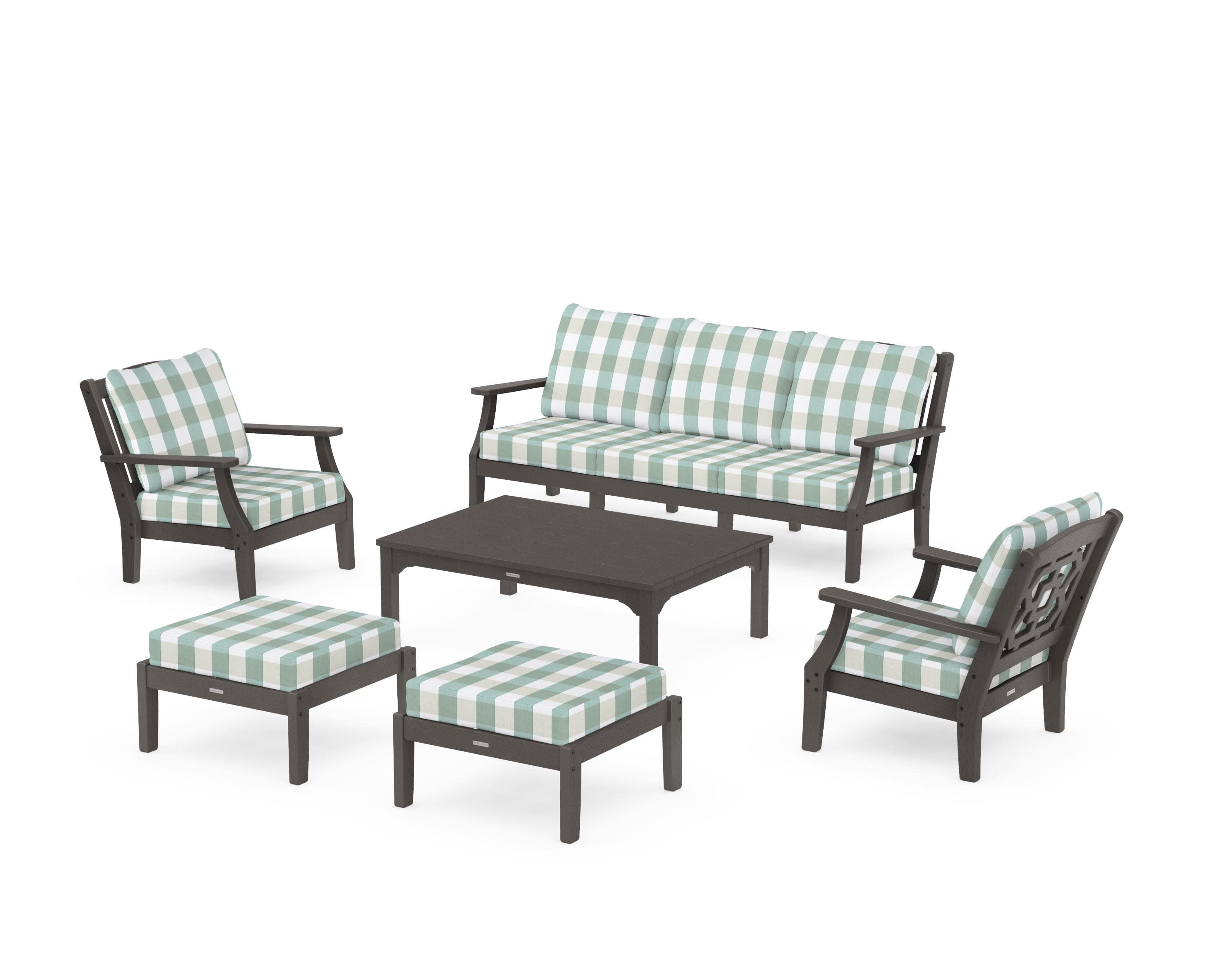 Chinoiserie 6-Piece Lounge Sofa Set in Vintage Coffee / Buffalo Plaid Glacier Spa