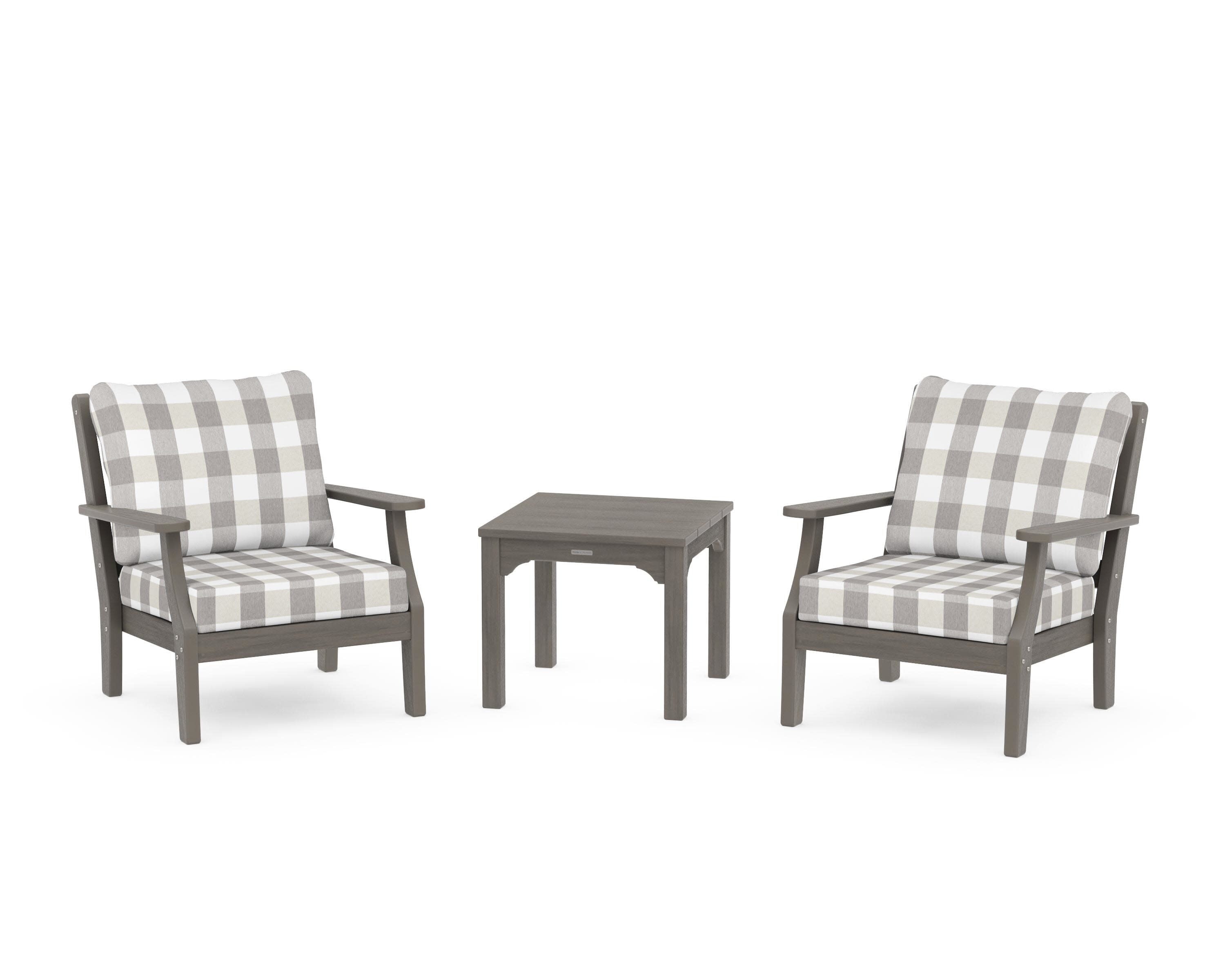 Chinoiserie 3-Piece Deep Seating Set in Driftwood / Buffalo Plaid Grey Mist