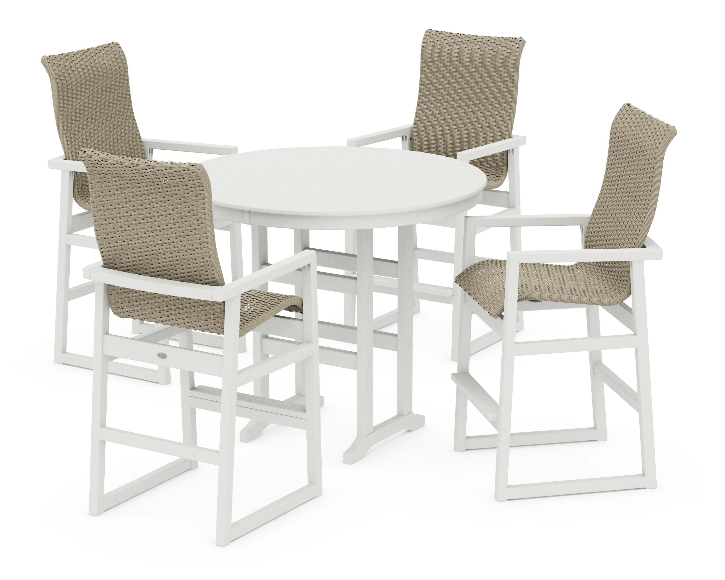EDGE Woven Highback 5-Piece Round Farmhouse Bar Set in White / Dune Grass