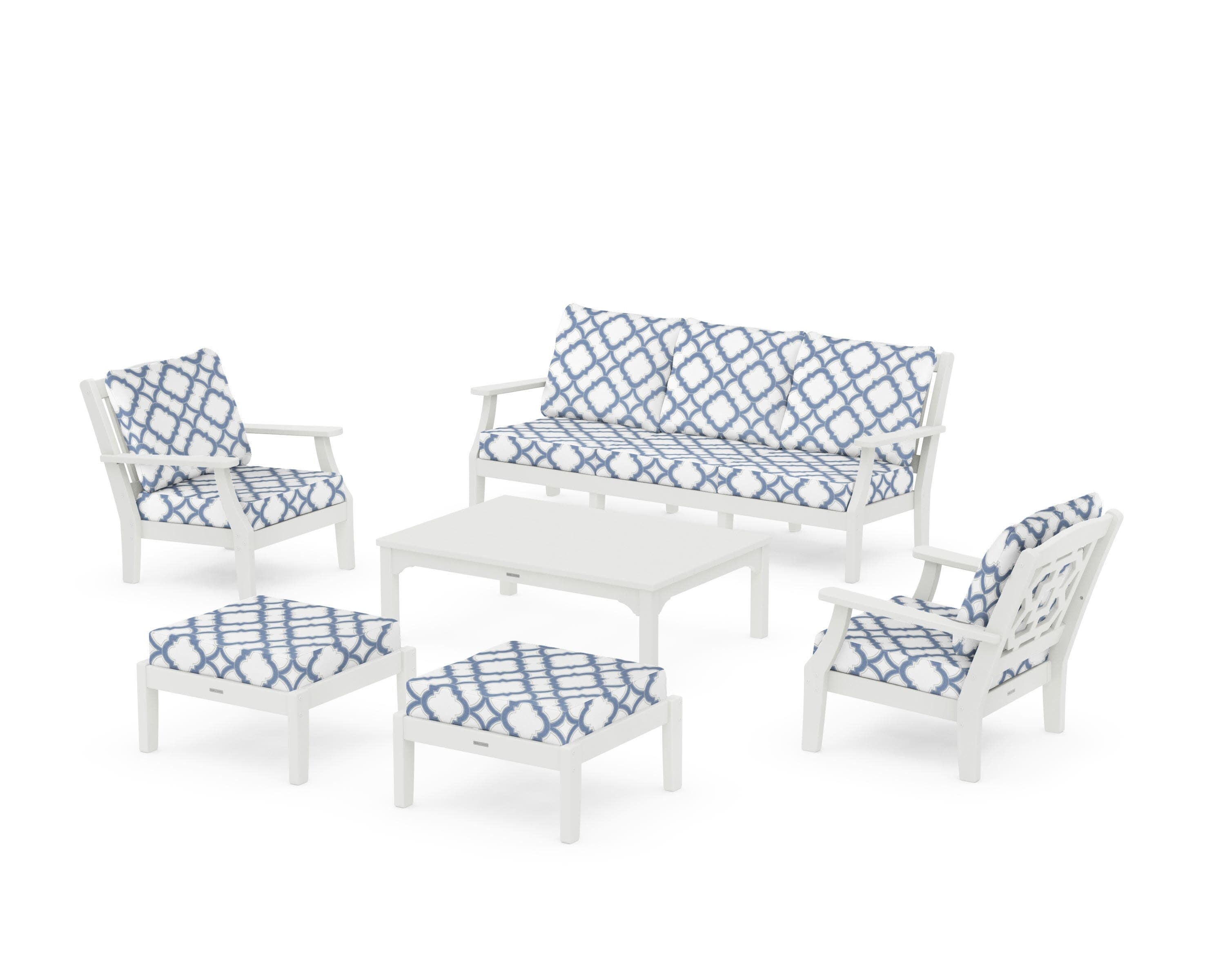 Chinoiserie 6-Piece Lounge Sofa Set in Vintage White / Trellis Sky Blue