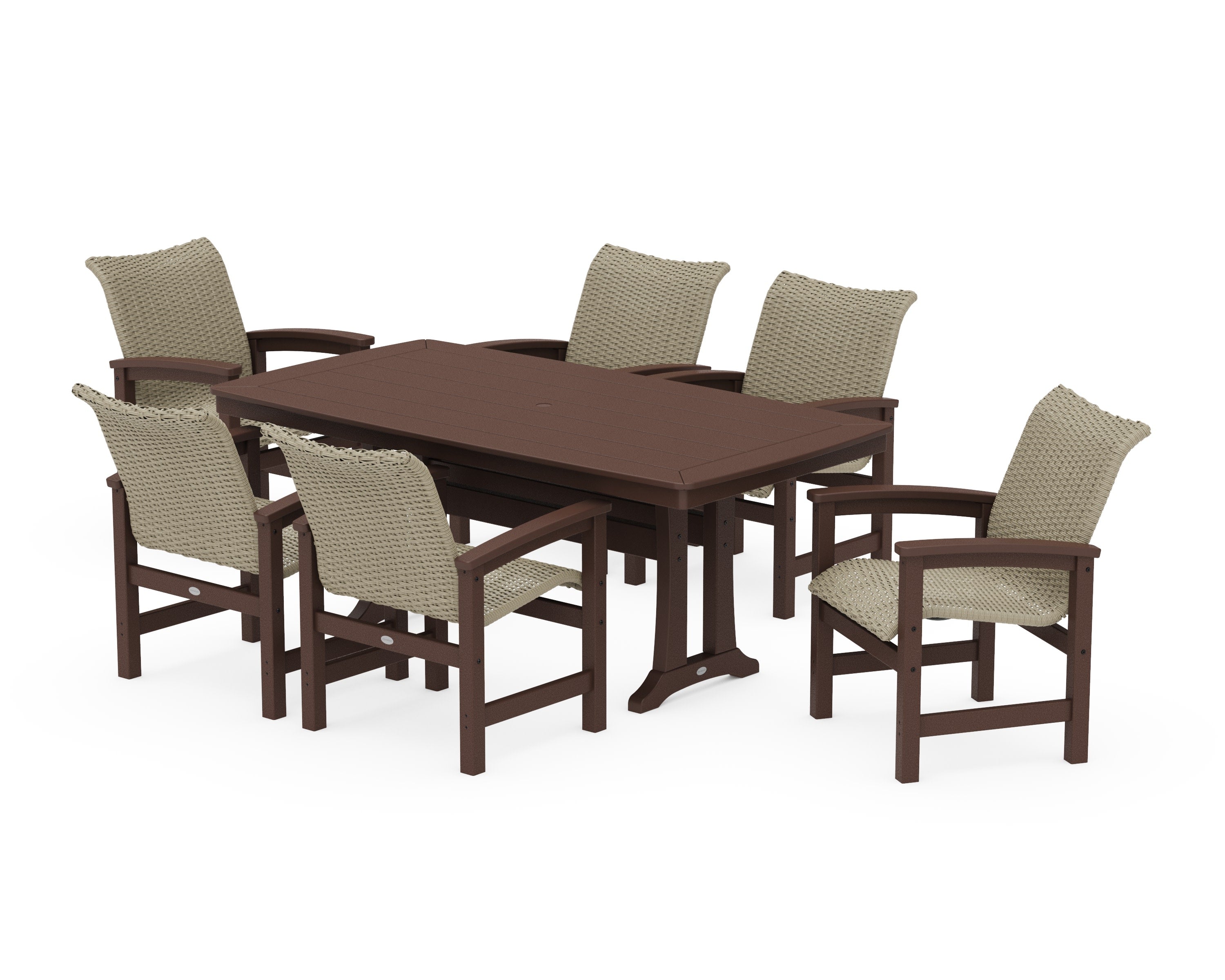 Coastal Woven Arm Chair 7-Piece Dining Set with Trestle Legs in Mahogany / Dune Grass
